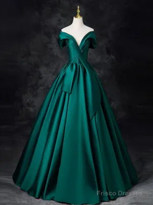 A-Line Off Shoulder Satin Green Long Prom Dress, Green Long Formal Dress