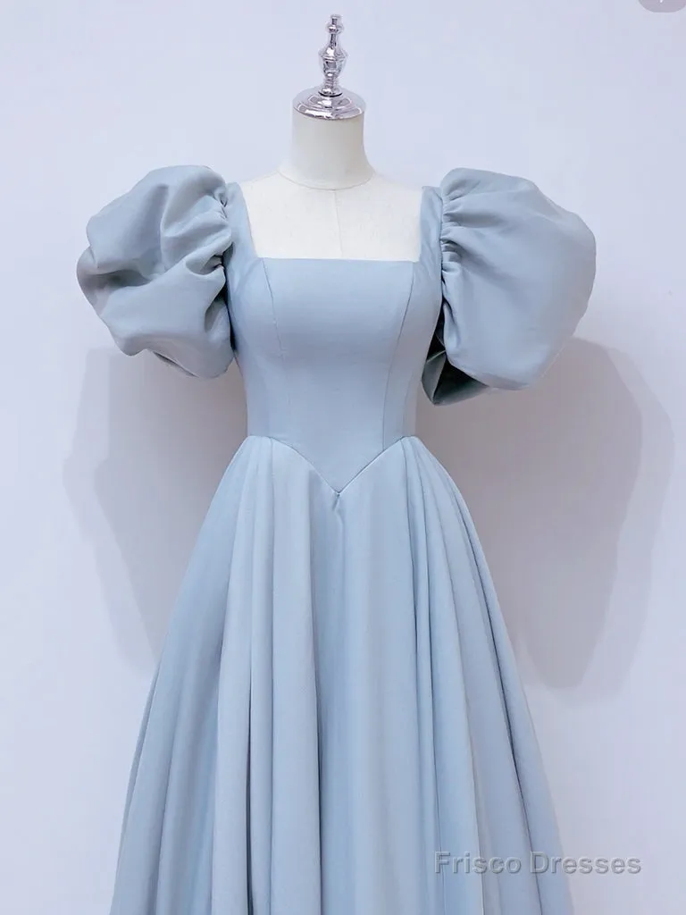 A-Line  Square Neckline Puff sleeves Long Blue Prom Dress, Blue Long Formal Dress