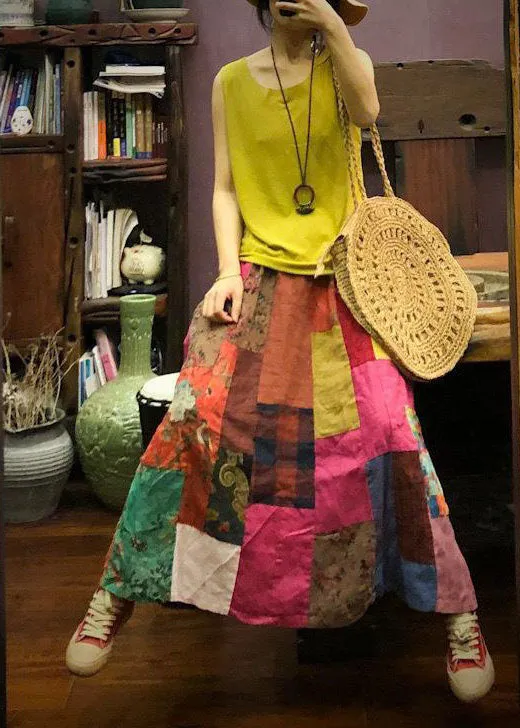 Art Colorblock Wrinkled Print Patchwork Exra Large Hem Linen Skirts Summer LY4632