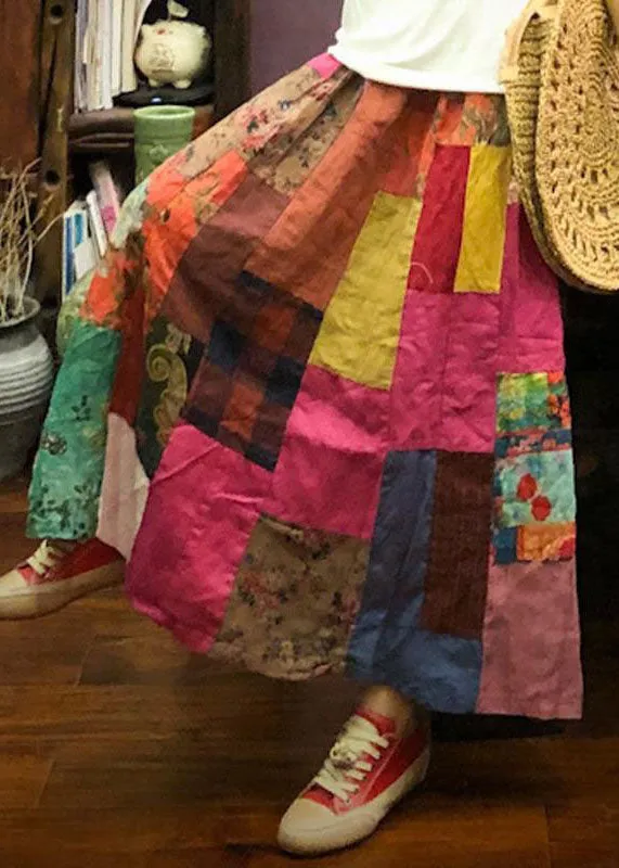 Art Colorblock Wrinkled Print Patchwork Exra Large Hem Linen Skirts Summer LY4632