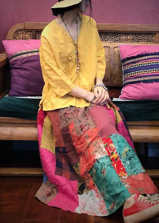 Art Colorblock Wrinkled Print Patchwork Exra Large Hem Linen Skirts Summer LY4632