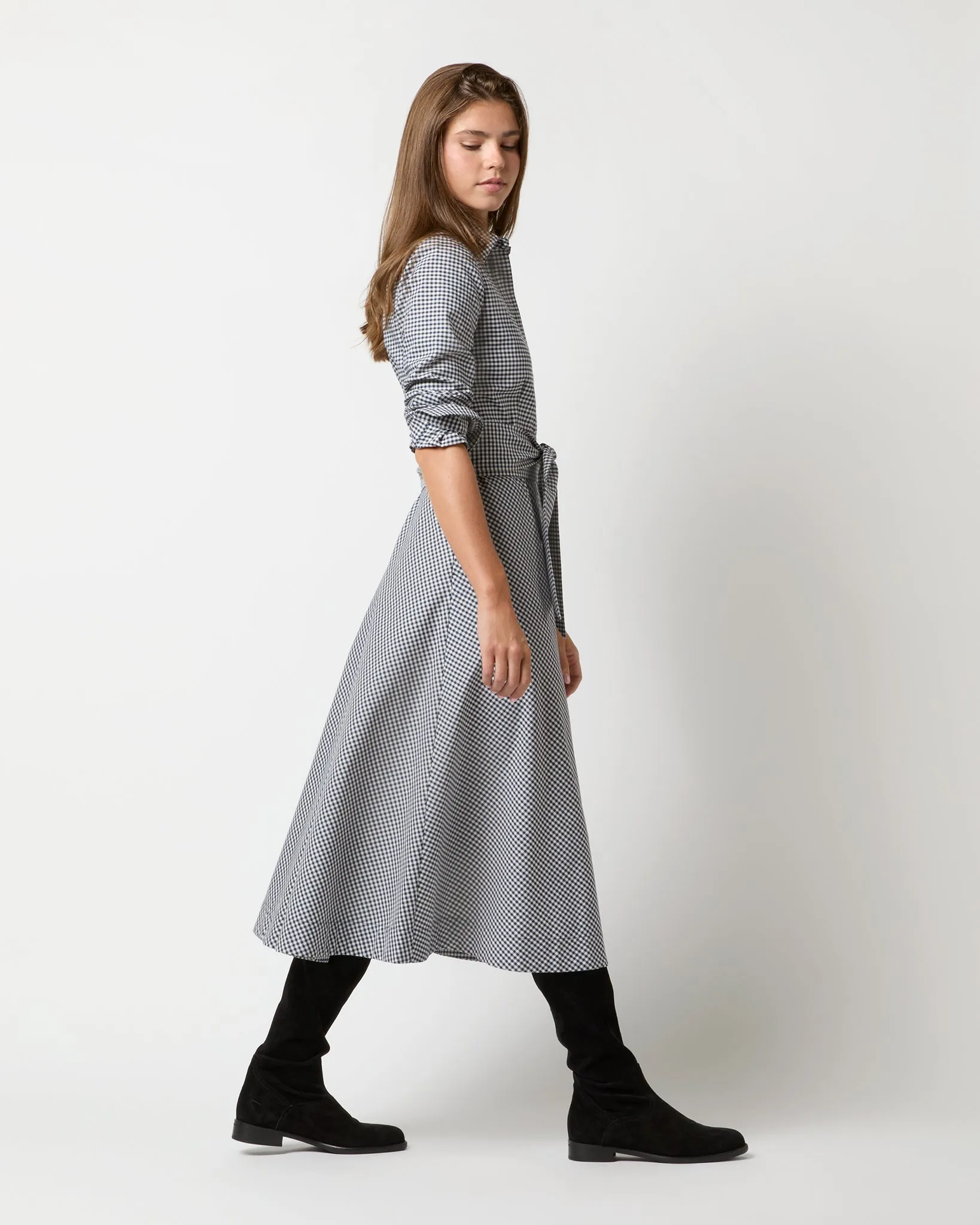 Avery Shirtwaist Dress in Ink/Bone Check Stretch Cotton