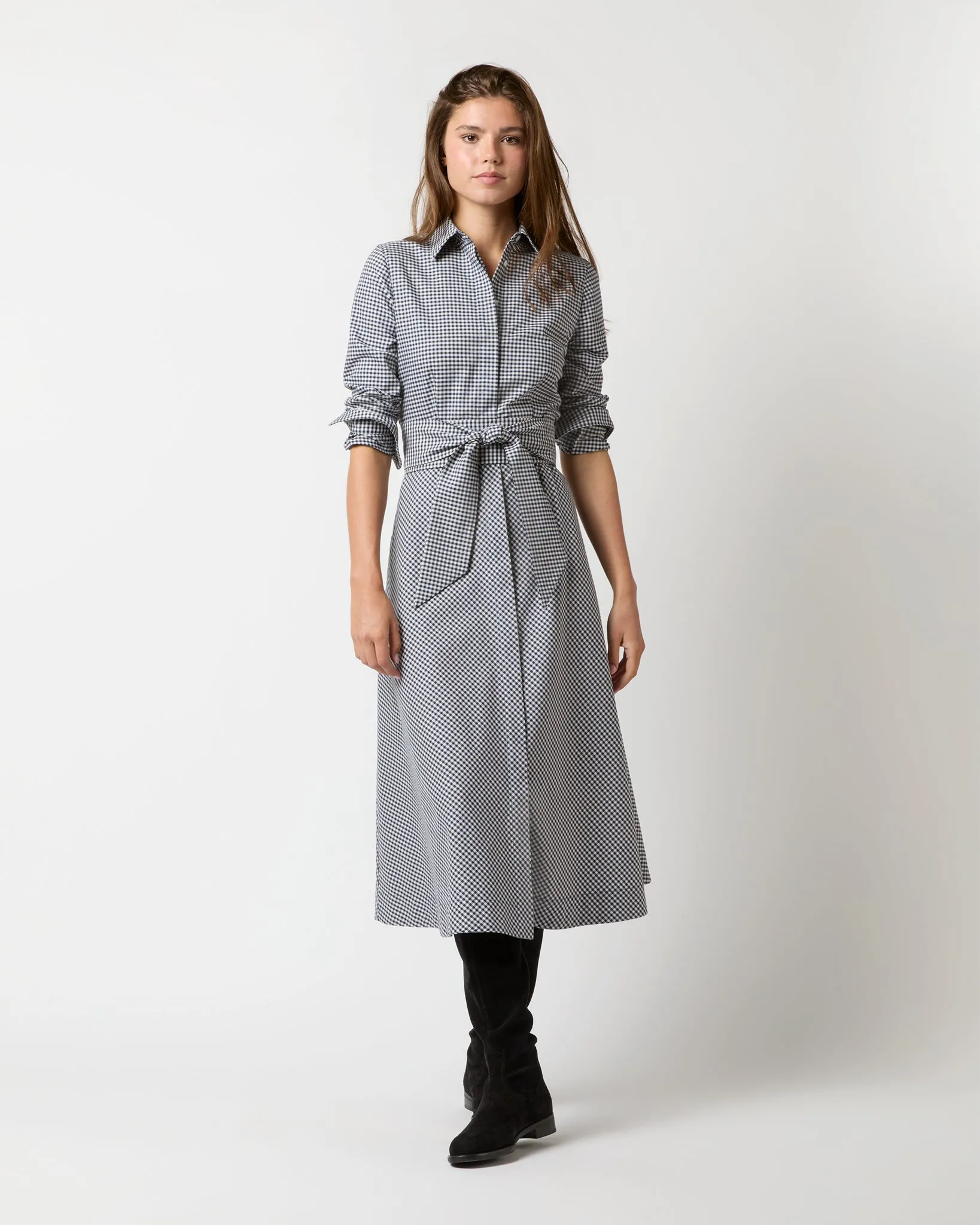 Avery Shirtwaist Dress in Ink/Bone Check Stretch Cotton