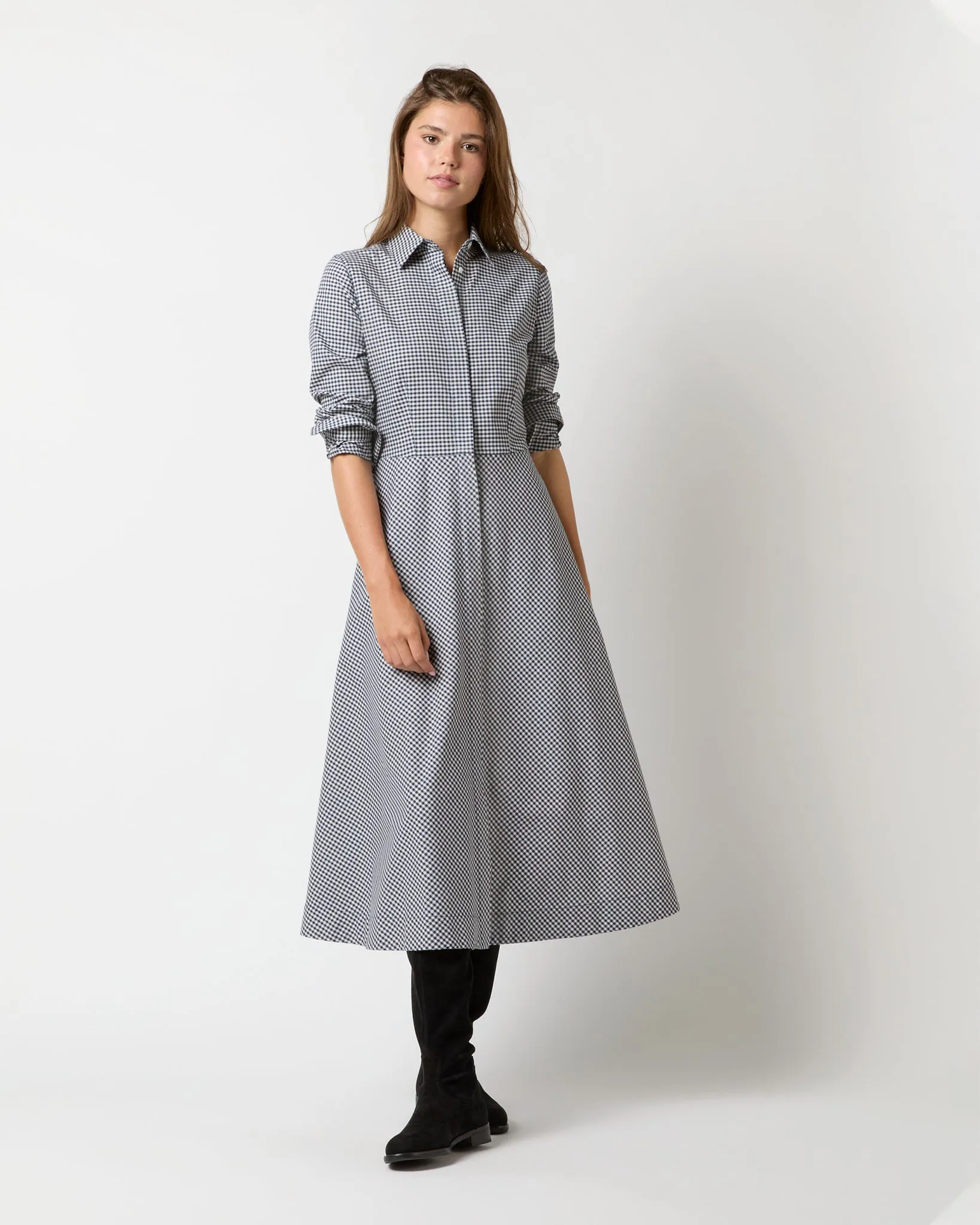 Avery Shirtwaist Dress in Ink/Bone Check Stretch Cotton