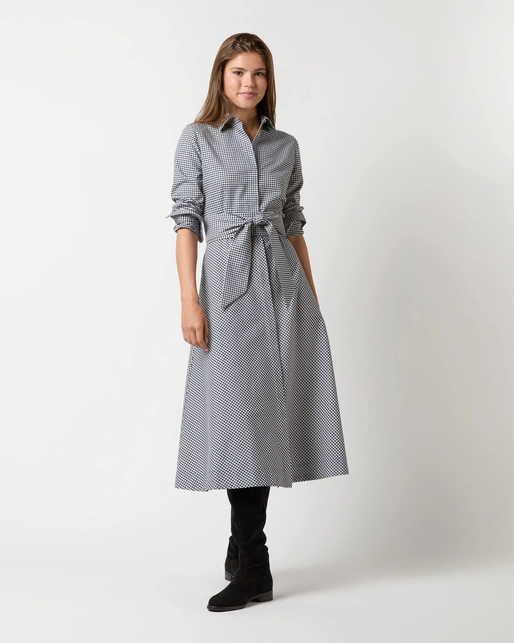 Avery Shirtwaist Dress in Ink/Bone Check Stretch Cotton
