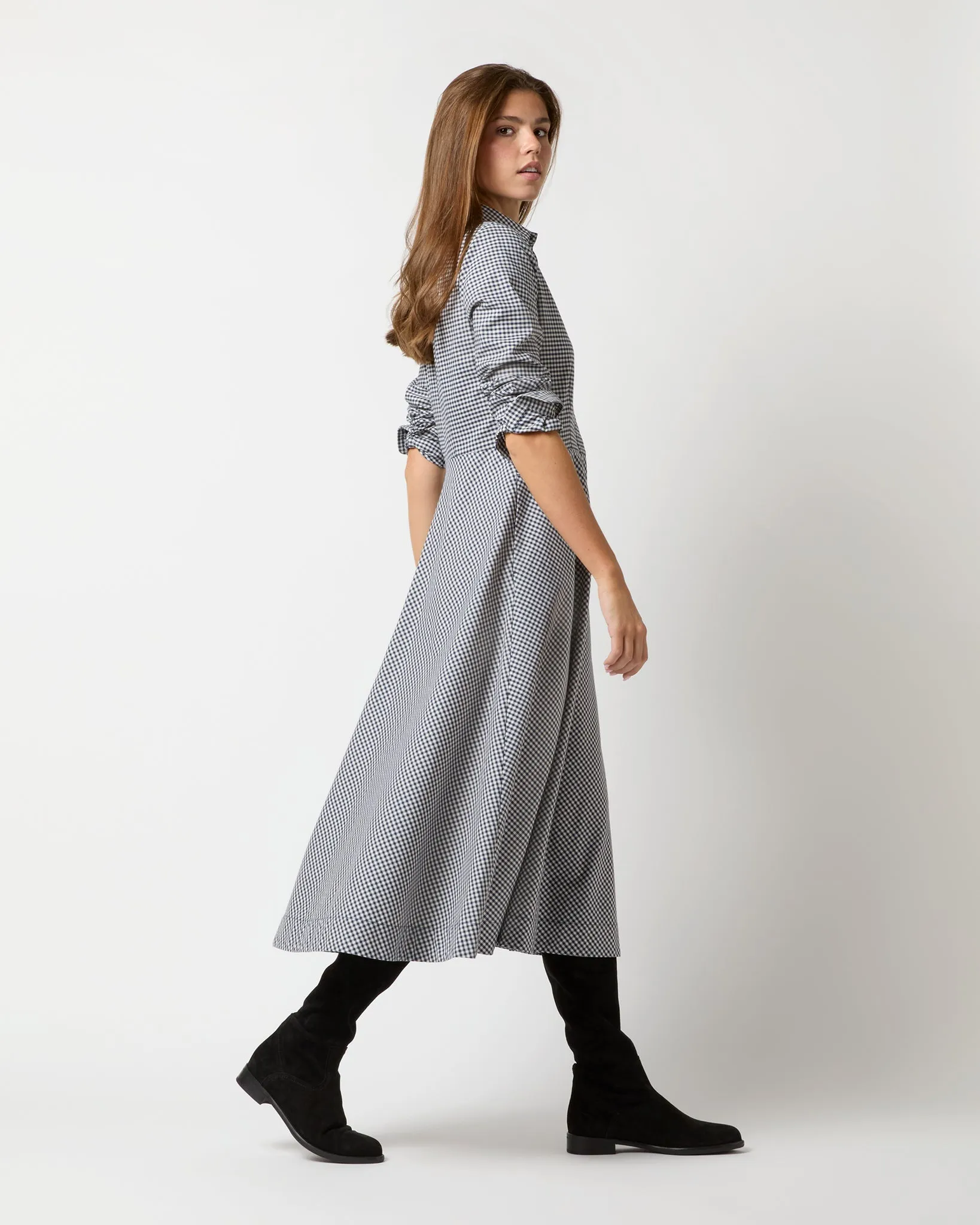 Avery Shirtwaist Dress in Ink/Bone Check Stretch Cotton