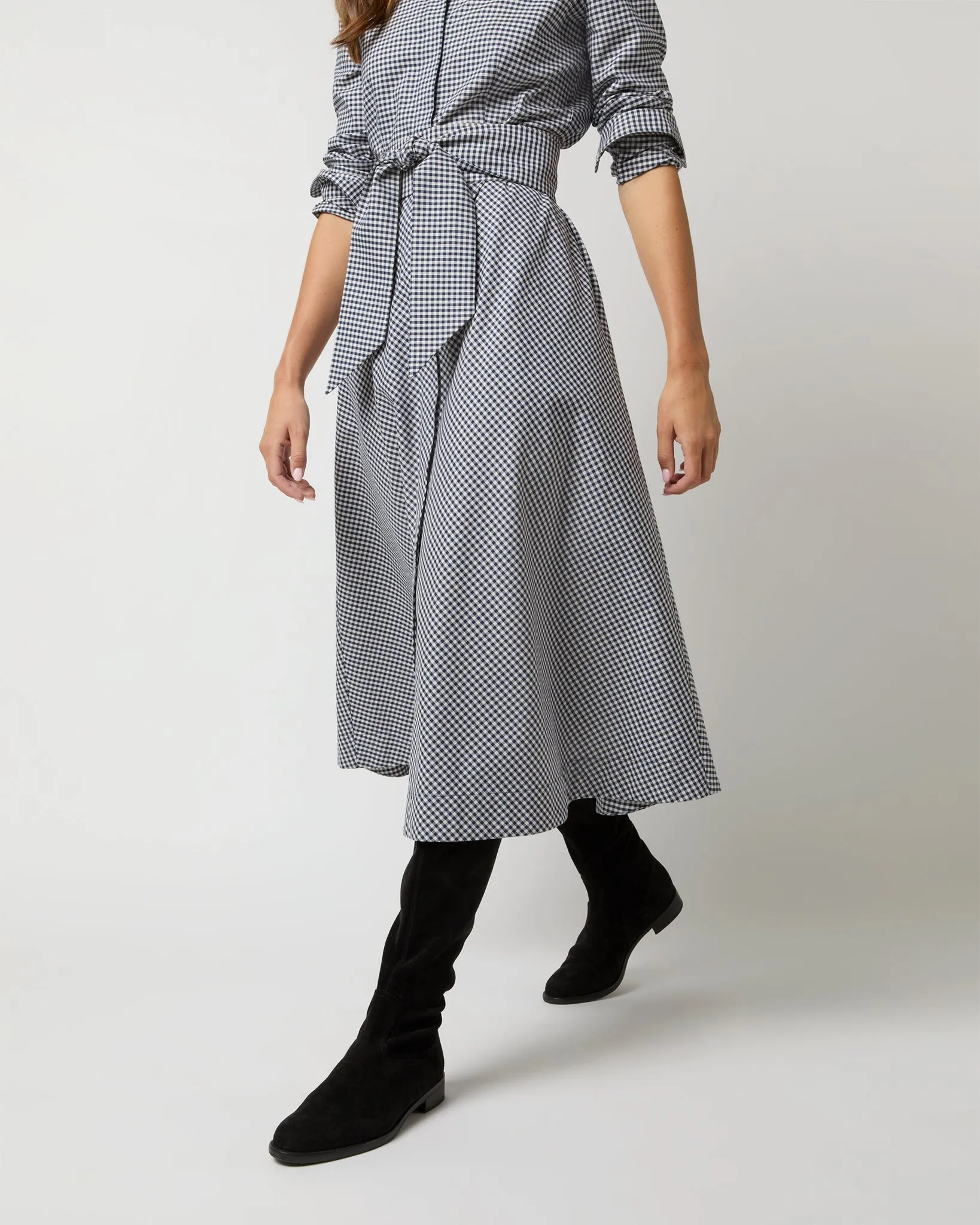 Avery Shirtwaist Dress in Ink/Bone Check Stretch Cotton