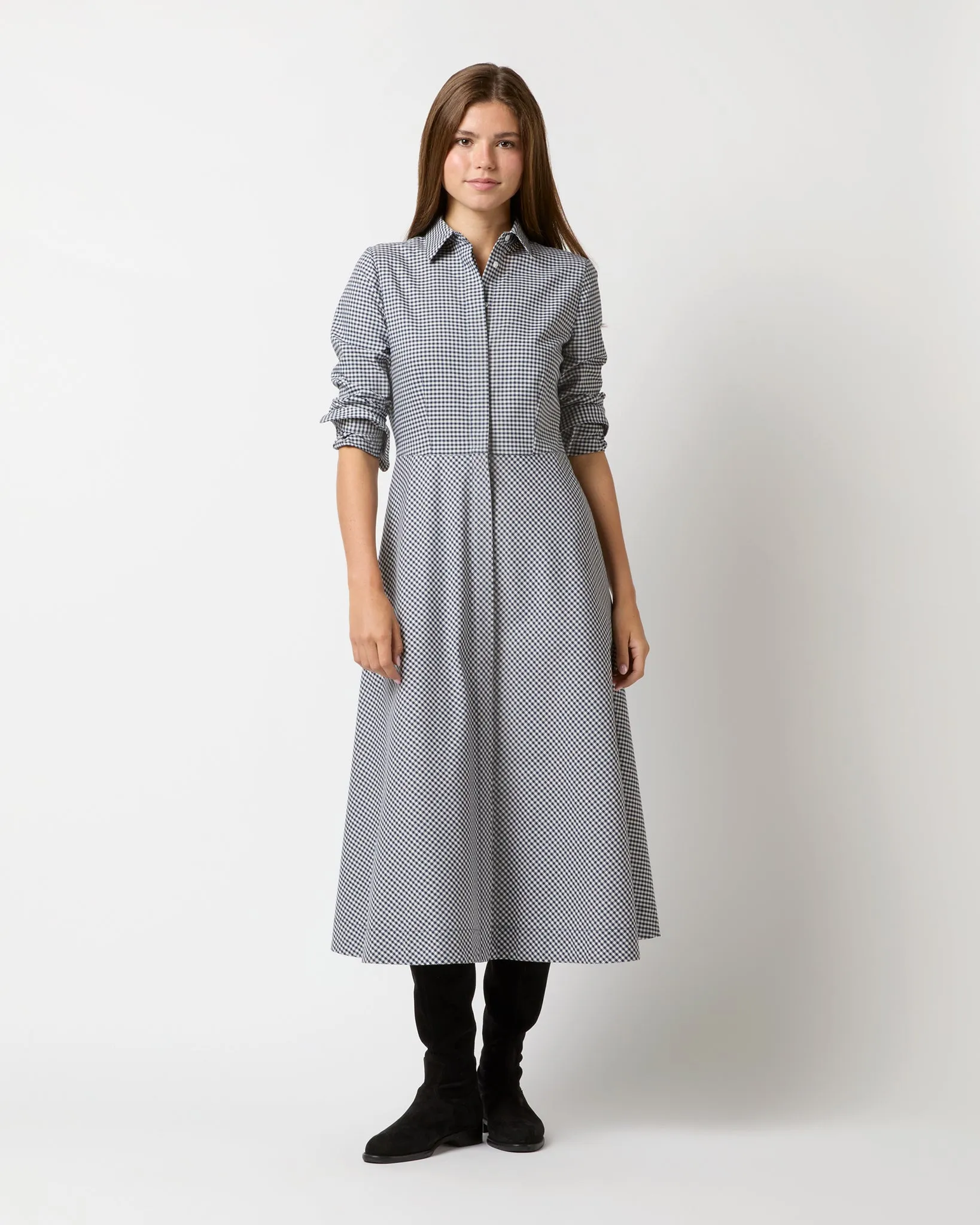 Avery Shirtwaist Dress in Ink/Bone Check Stretch Cotton
