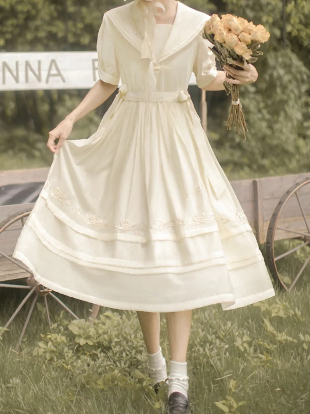 Belt Dress Rose   Skirt Over Tulle Sailor Color   Natural Fairy Collar Embroidery
