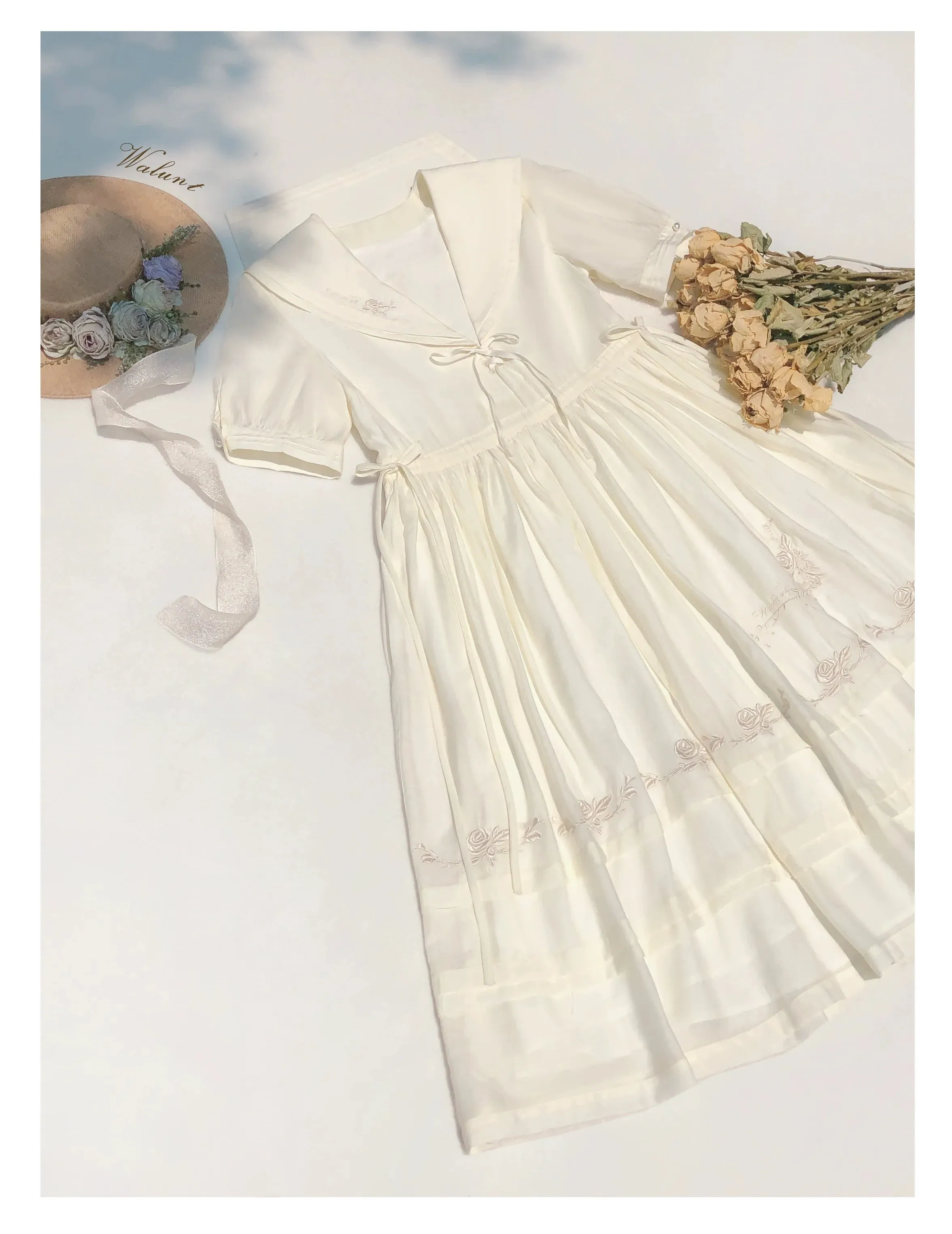 Belt Dress Rose   Skirt Over Tulle Sailor Color   Natural Fairy Collar Embroidery