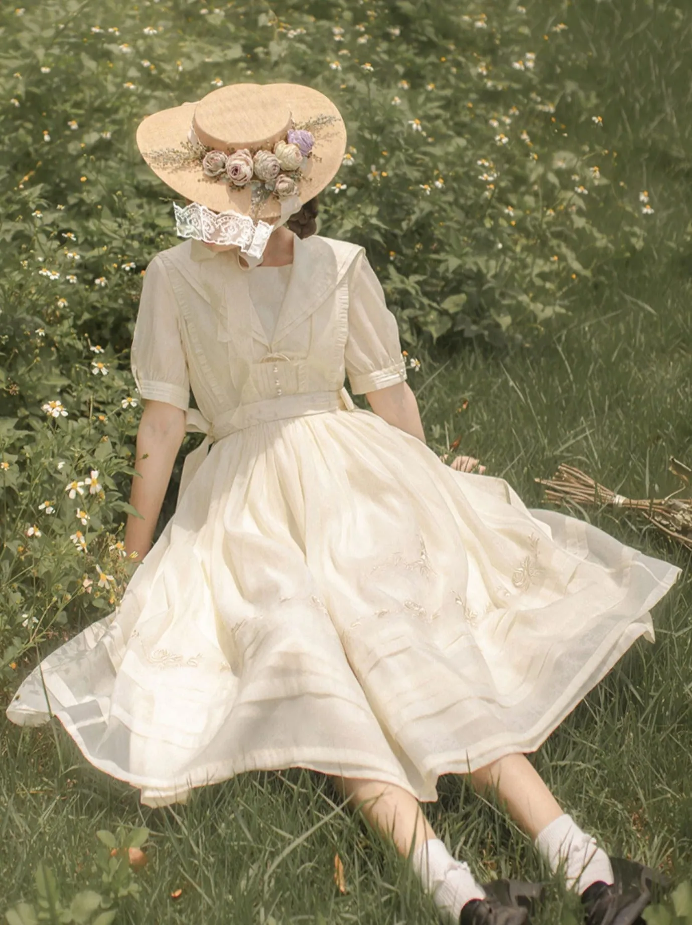 Belt Dress Rose   Skirt Over Tulle Sailor Color   Natural Fairy Collar Embroidery