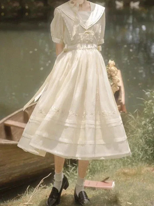 Belt Dress Rose   Skirt Over Tulle Sailor Color   Natural Fairy Collar Embroidery