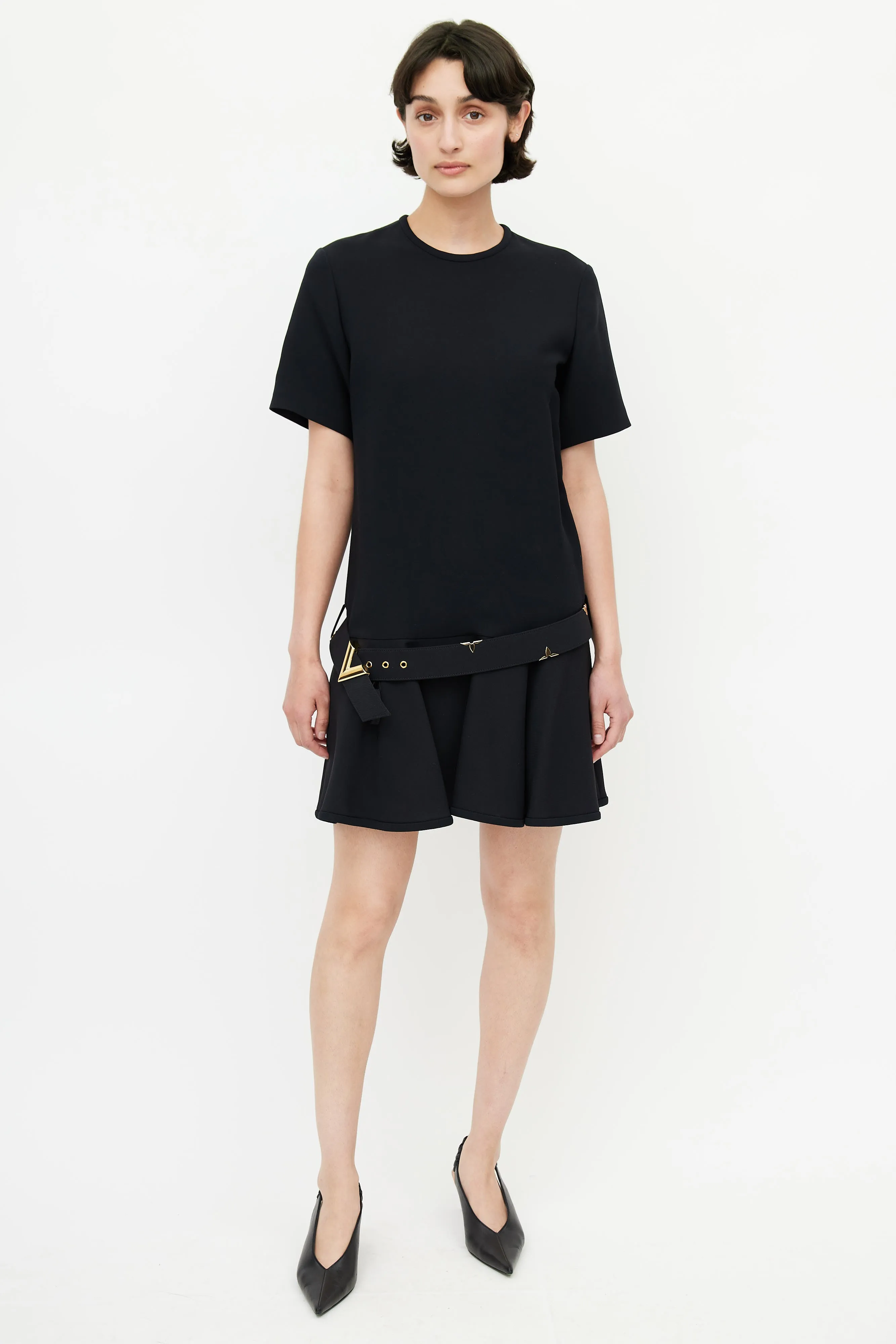 Black & Gold Belted Wool Dress