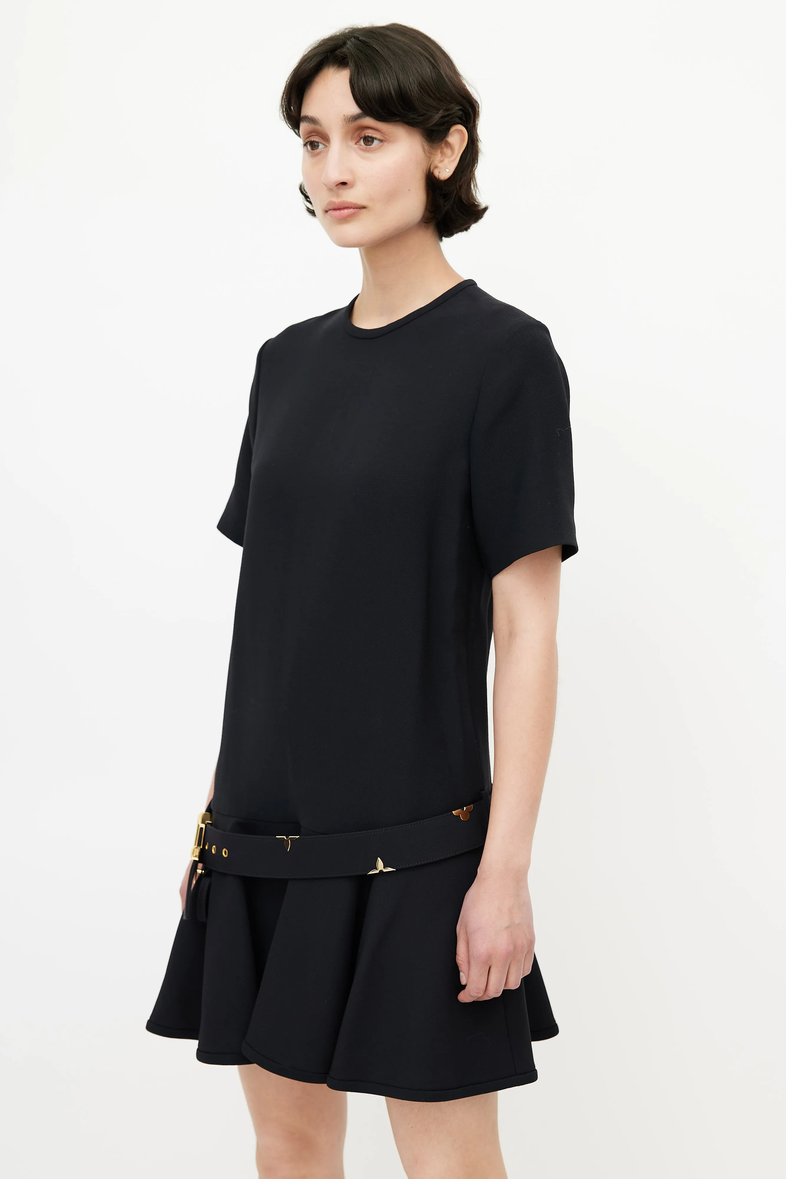 Black & Gold Belted Wool Dress