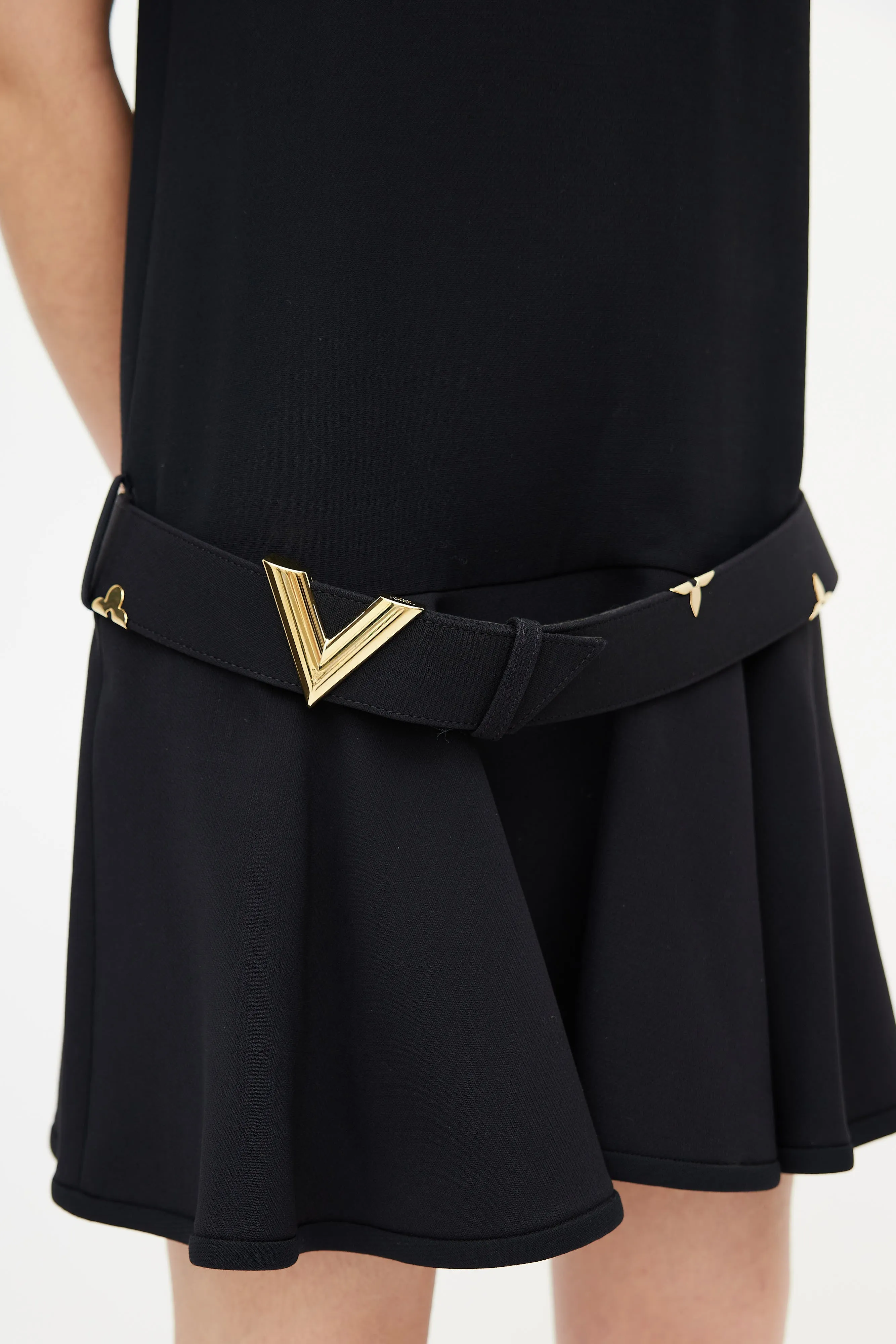 Black & Gold Belted Wool Dress