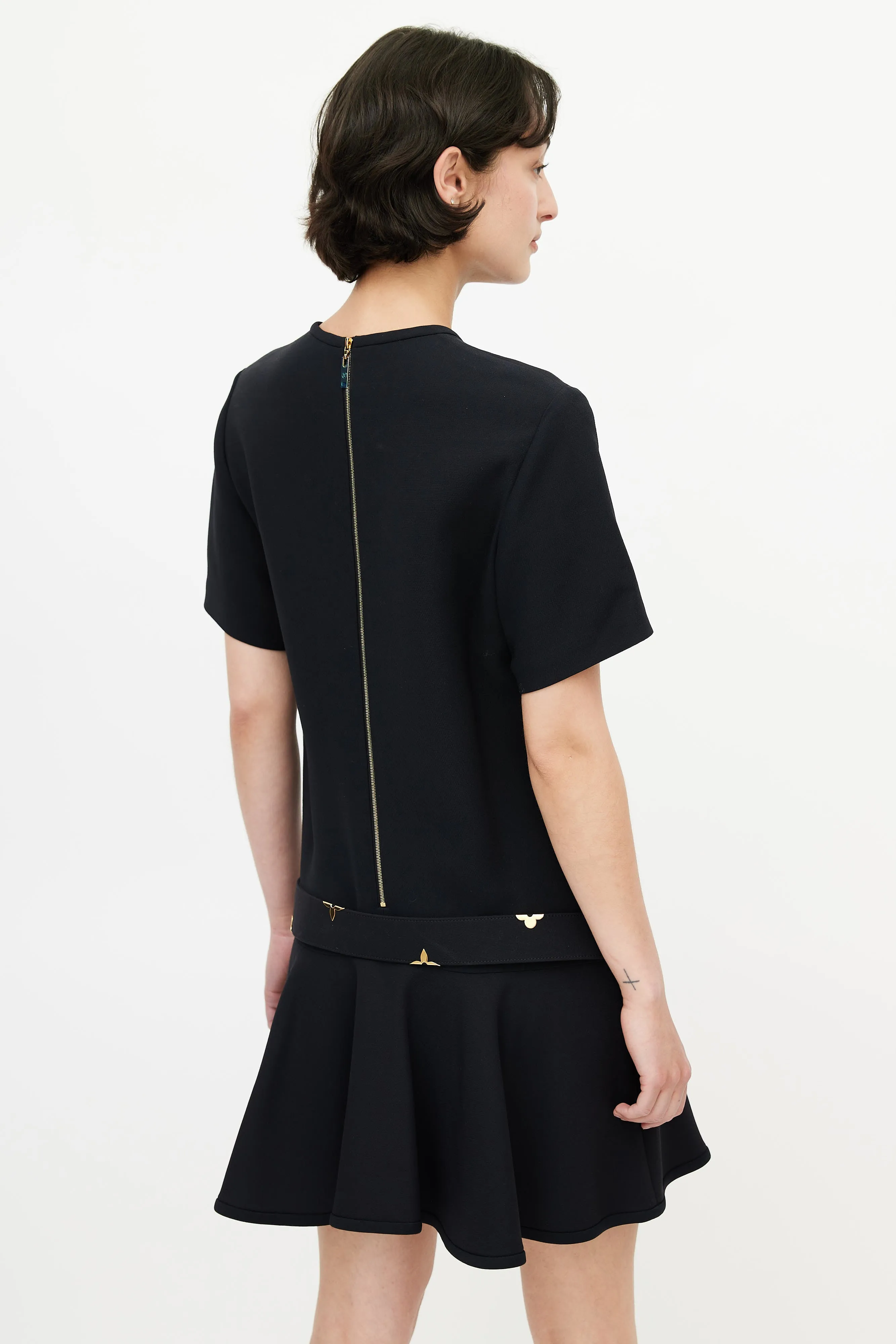 Black & Gold Belted Wool Dress