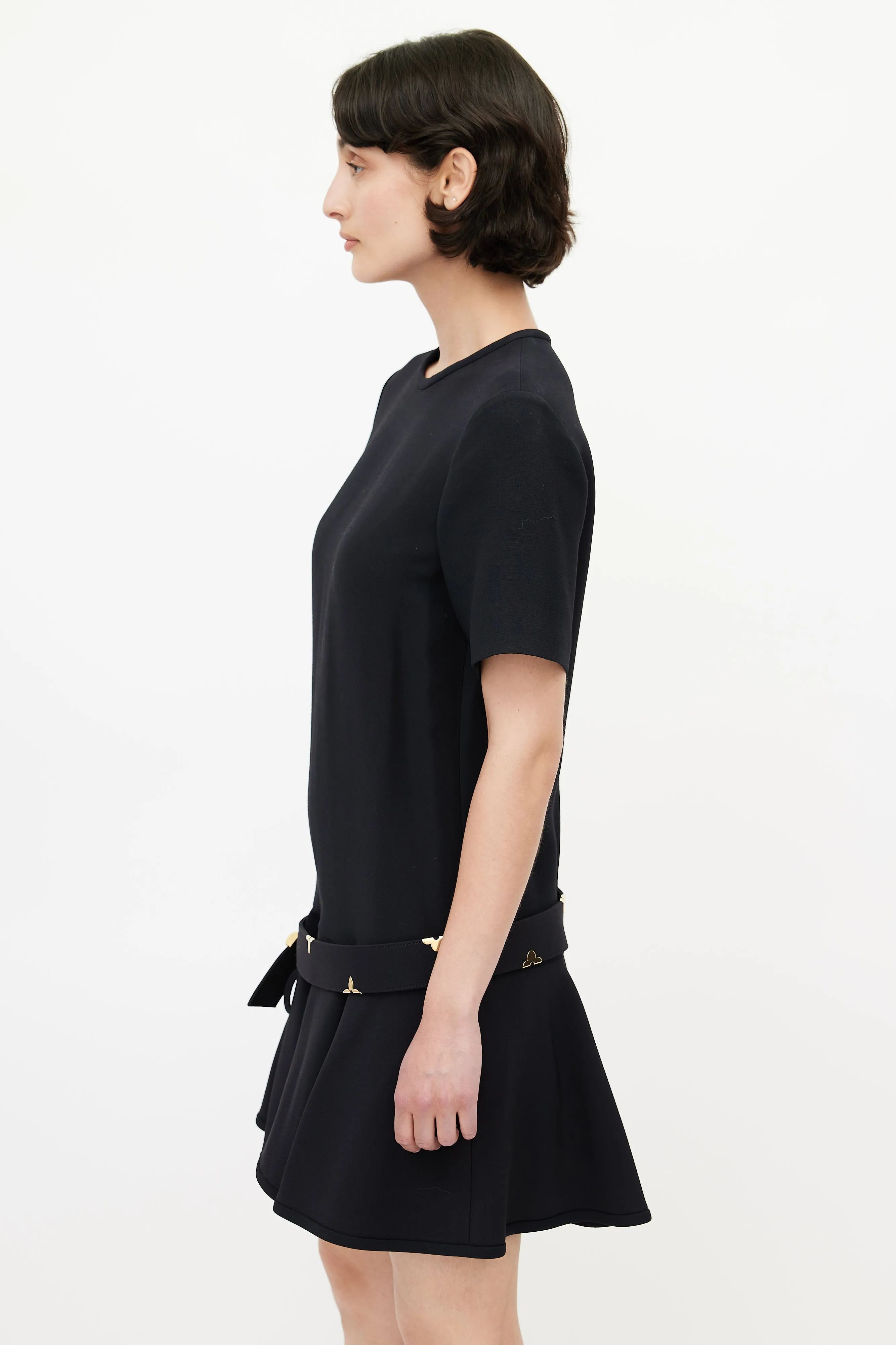Black & Gold Belted Wool Dress