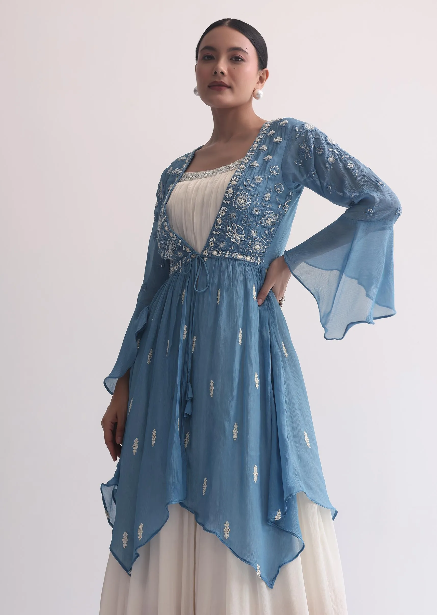 Blue Indogown Set With Peplum Jacket