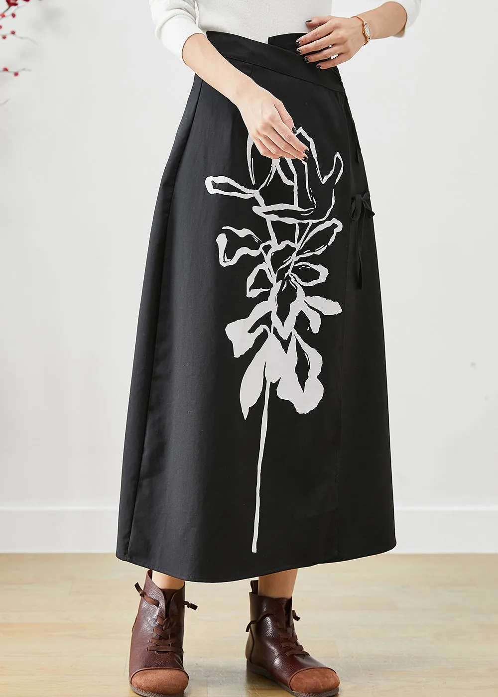 Casual Black Asymmetrical Lace Up Print Cotton Skirts Fall LY9879