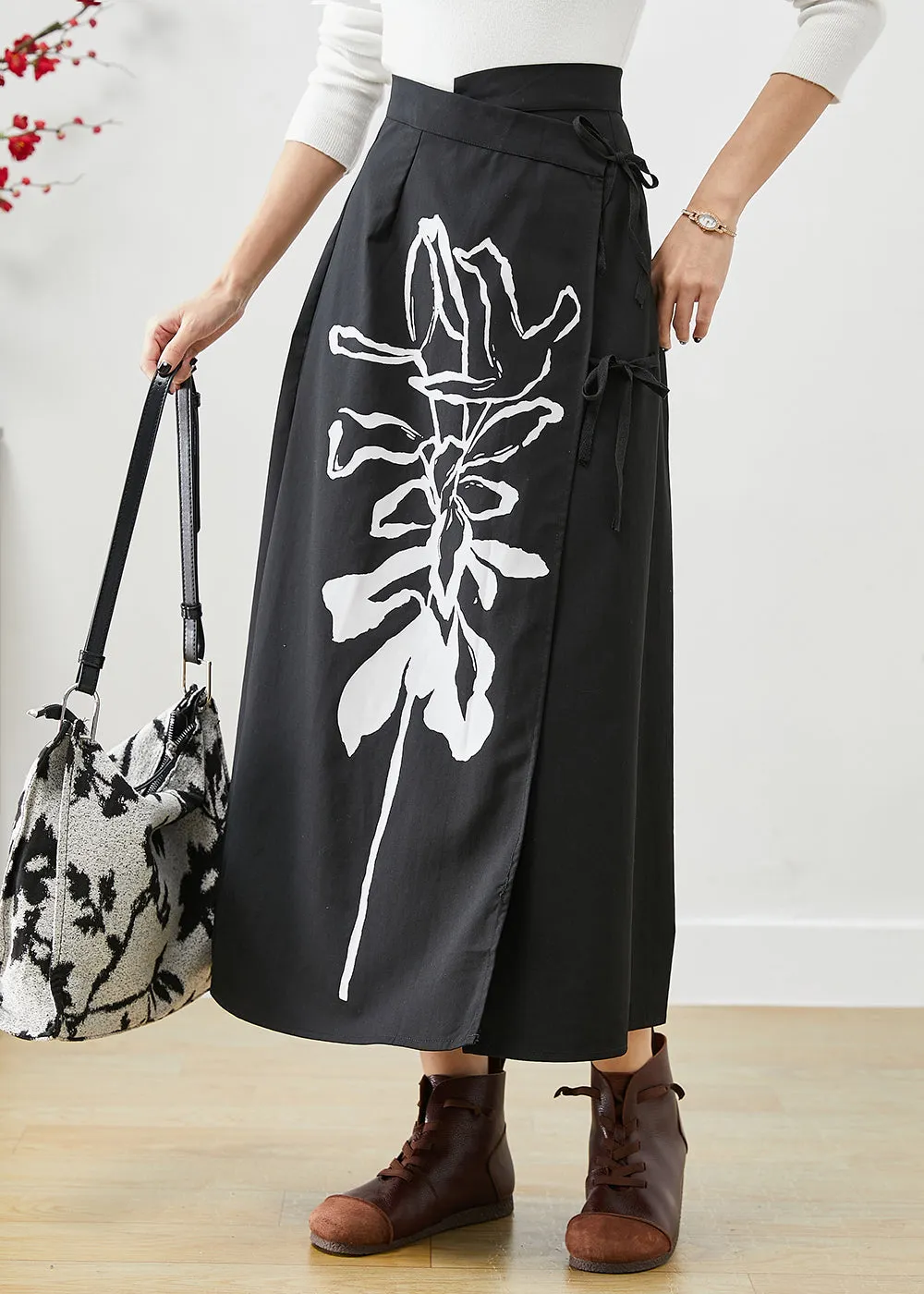 Casual Black Asymmetrical Lace Up Print Cotton Skirts Fall LY9879