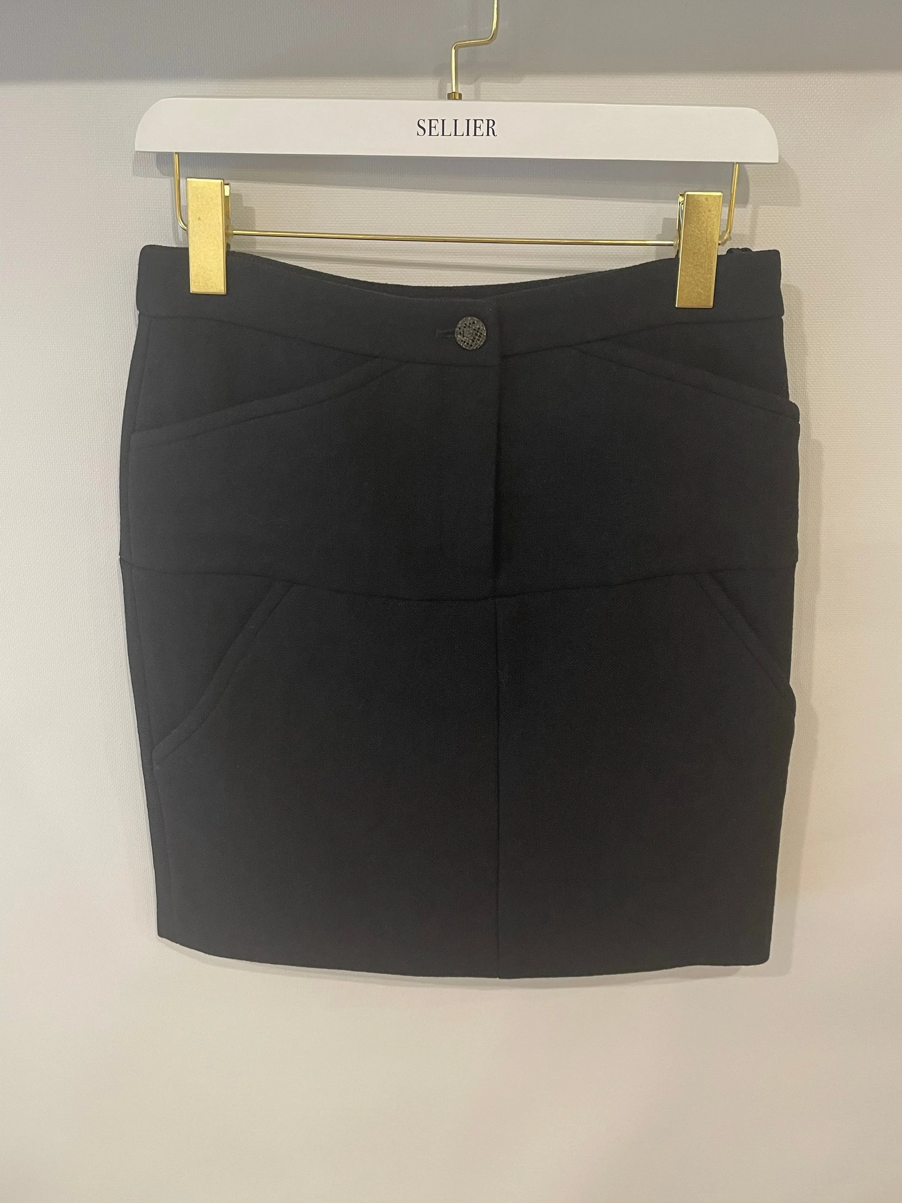 Chanel 12A Black Wool Mini Skirt with CC Logo Button Detail Size FR 36 (UK 8) RRP £1,350