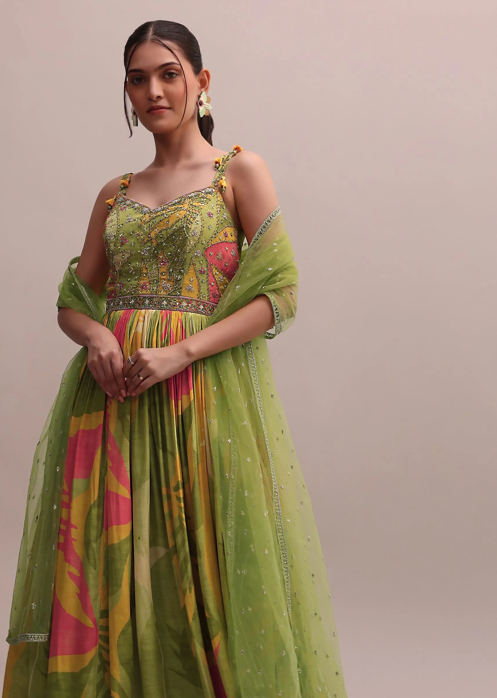 Classic Green Crepe Floor length Embroidered Anarkali With Net Dupatta