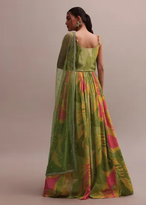 Classic Green Crepe Floor length Embroidered Anarkali With Net Dupatta