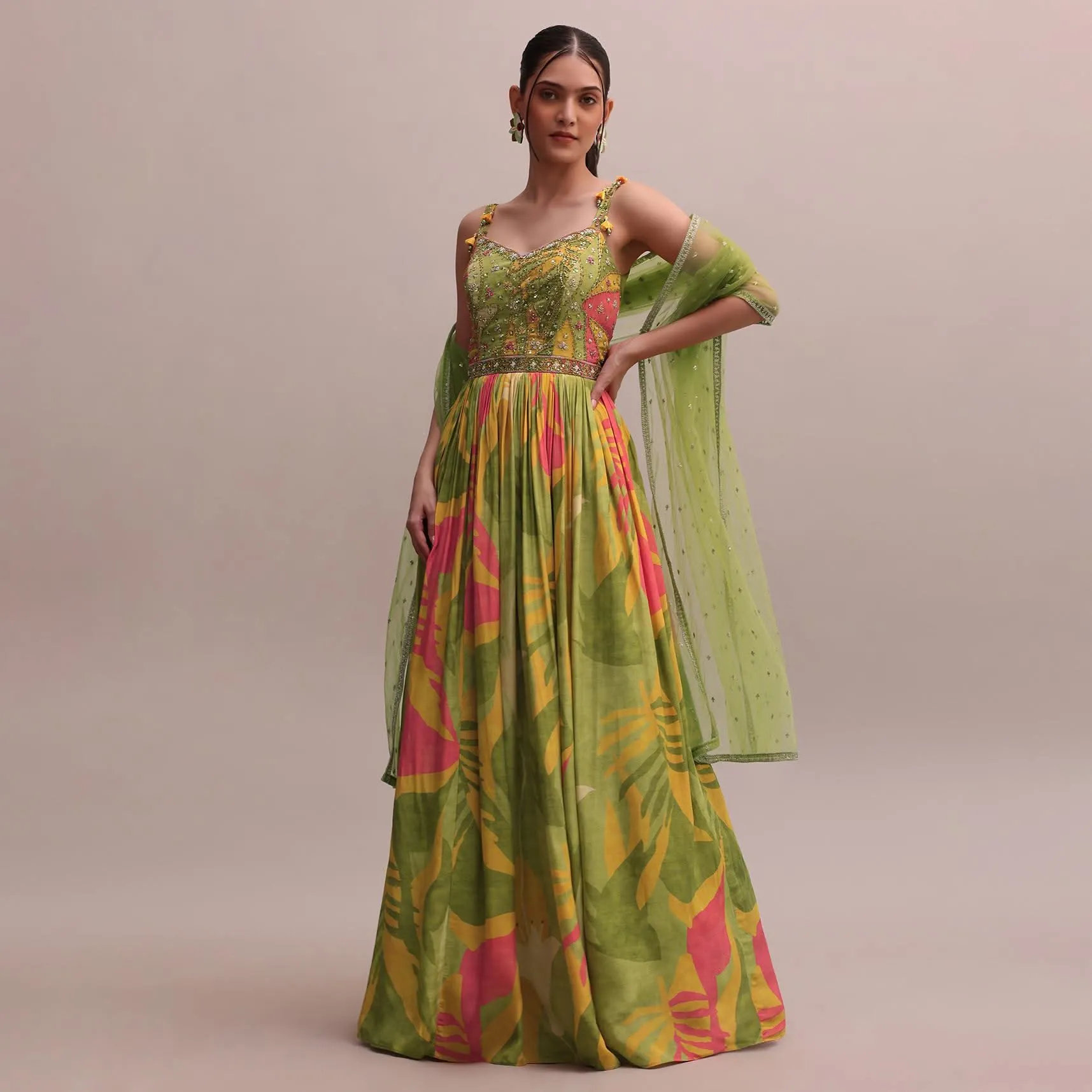 Classic Green Crepe Floor length Embroidered Anarkali With Net Dupatta