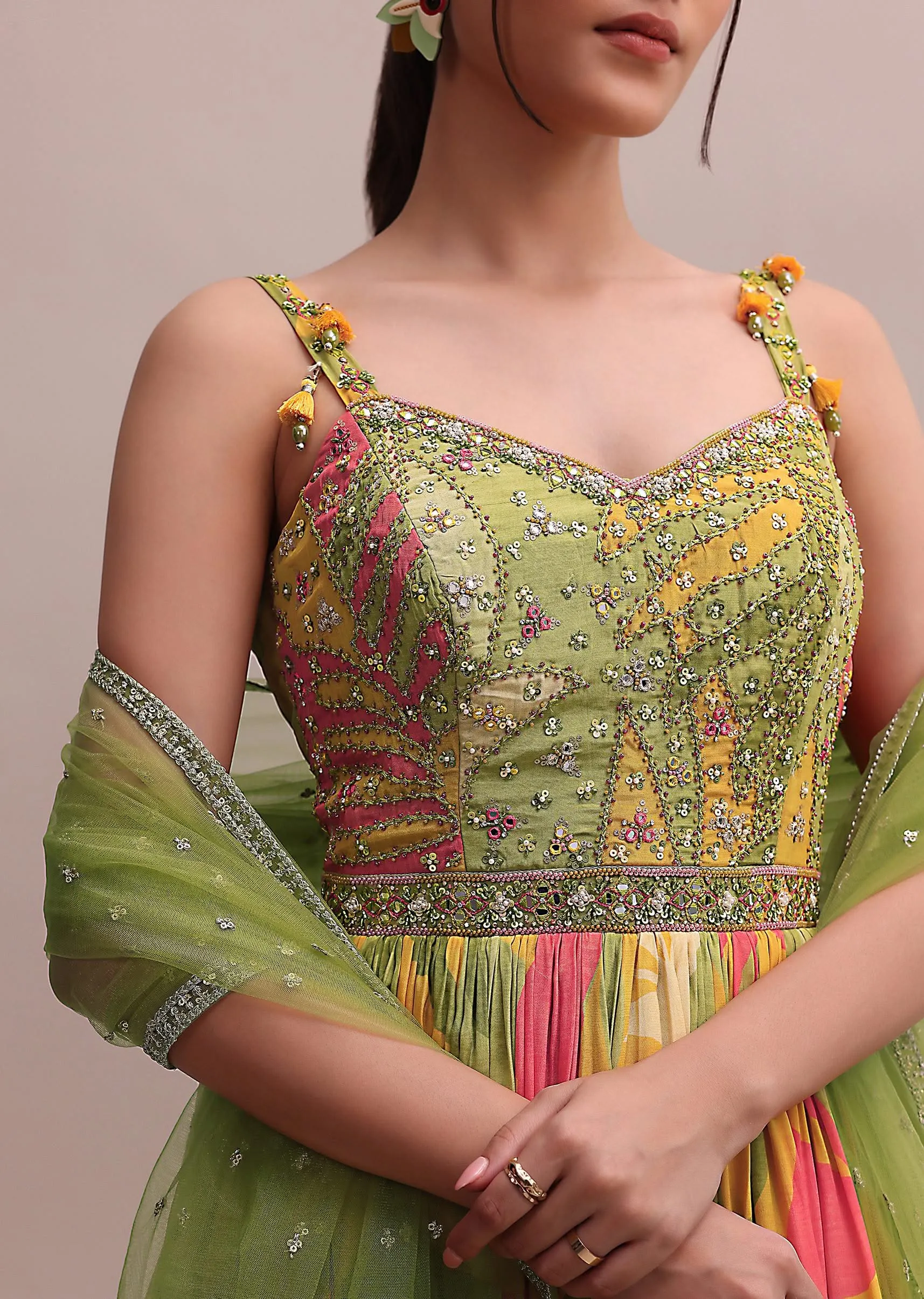 Classic Green Crepe Floor length Embroidered Anarkali With Net Dupatta