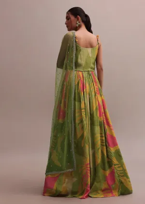 Classic Green Crepe Floor length Embroidered Anarkali With Net Dupatta