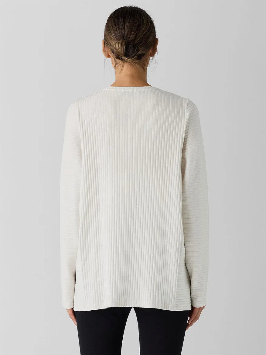 Eileen Fisher Textured Stretch Rib Round Neck Long-Sleeve Top in Bone
