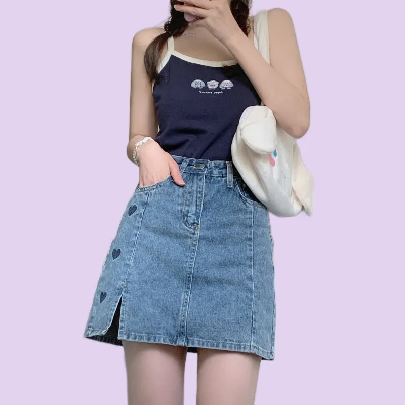 Girls Solid Color Heart Embroidered Denim Skirt
