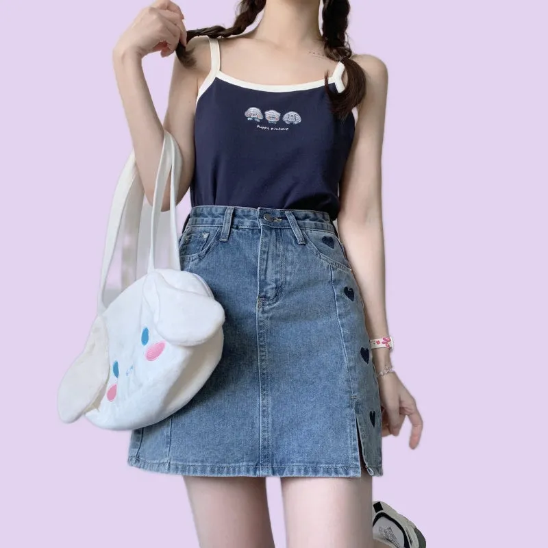 Girls Solid Color Heart Embroidered Denim Skirt