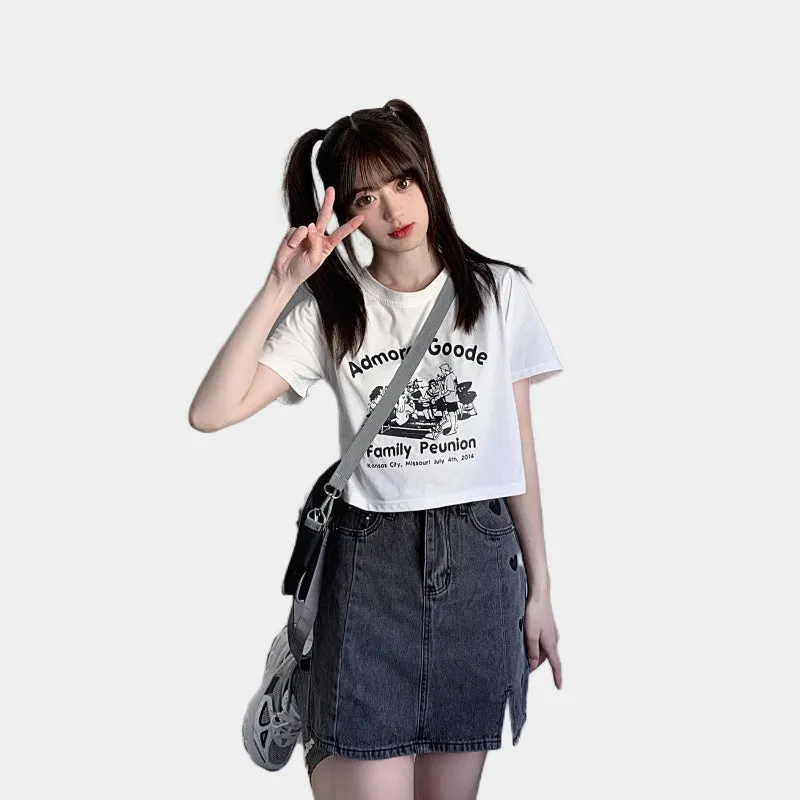 Girls Solid Color Heart Embroidered Denim Skirt