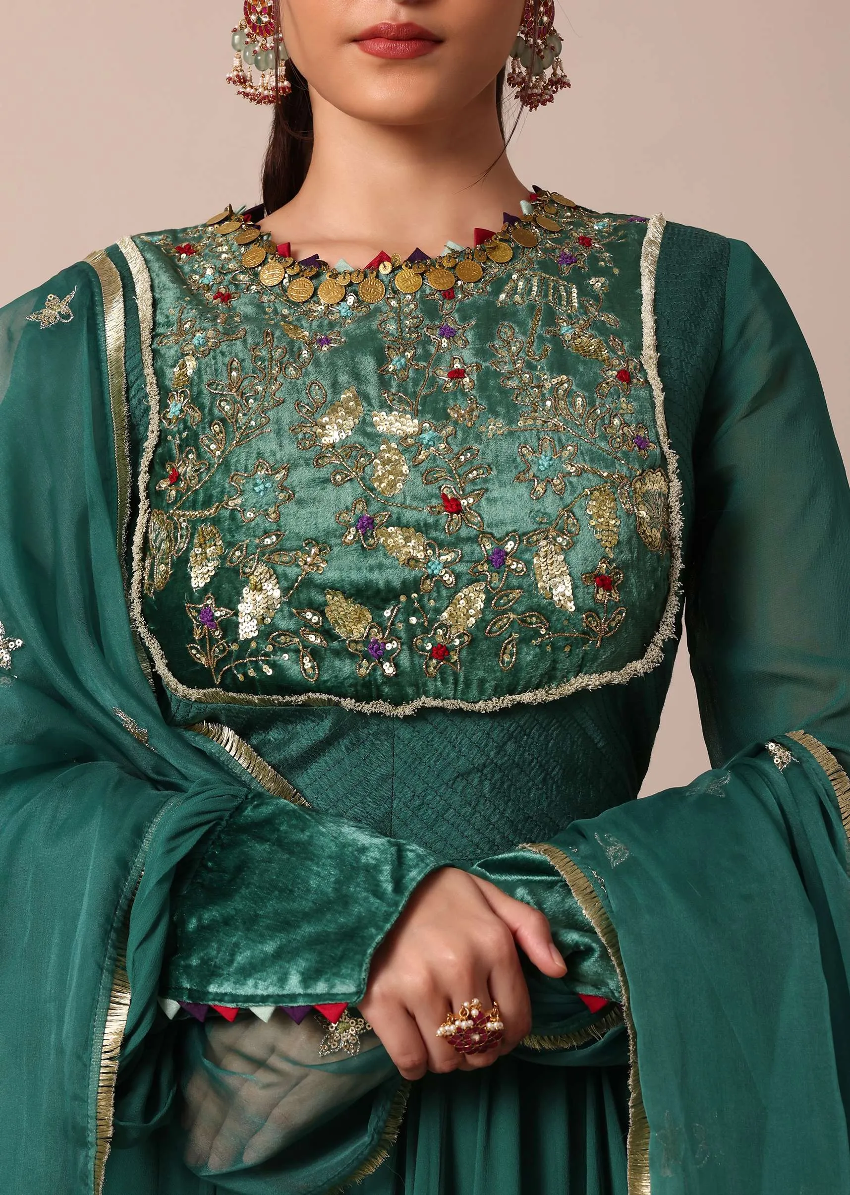 Graceful Green Embroidered Anarkali With Organza Dupatta
