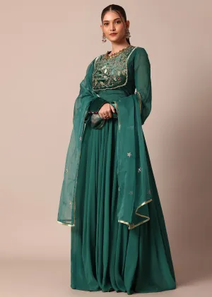 Graceful Green Embroidered Anarkali With Organza Dupatta