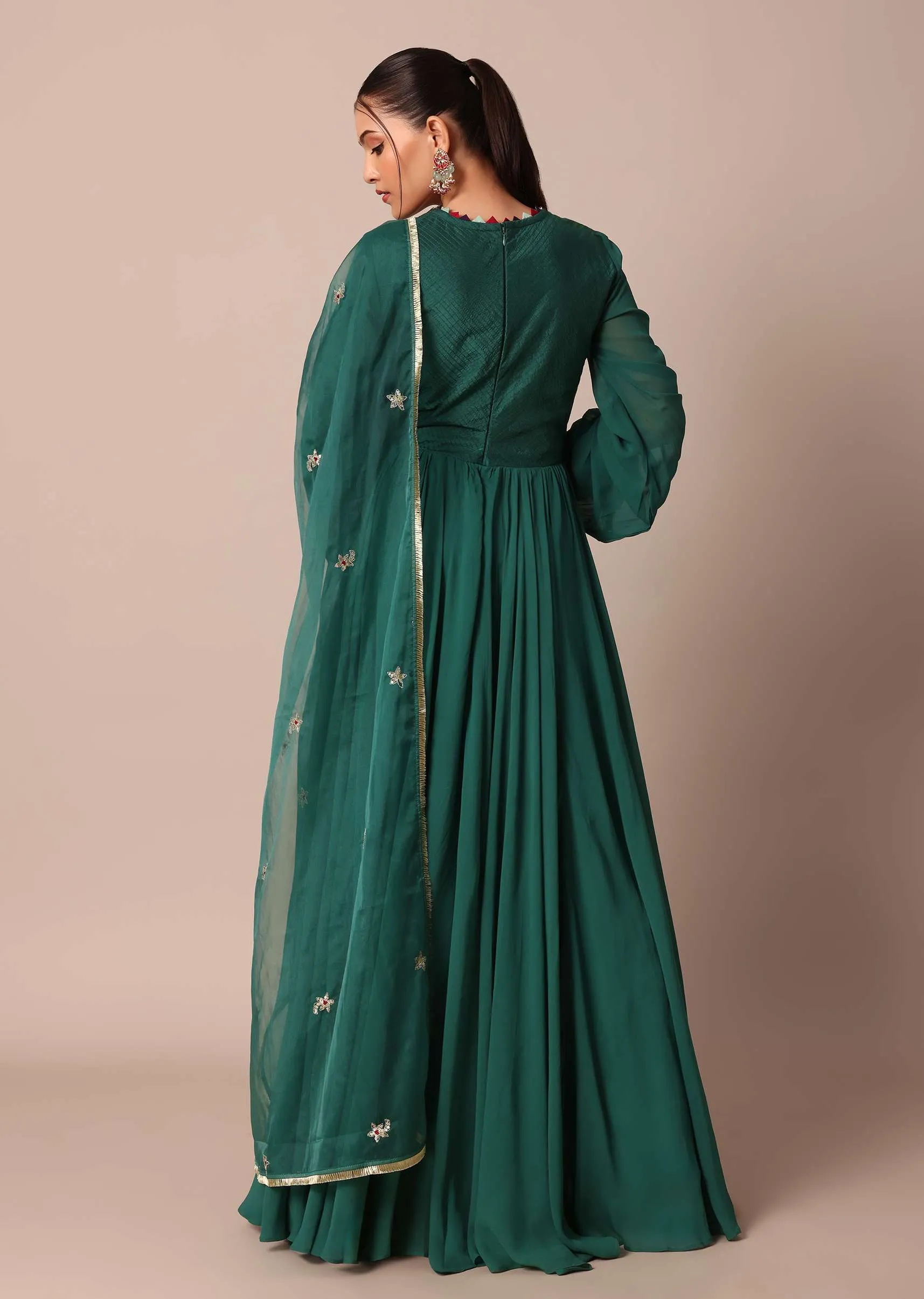 Graceful Green Embroidered Anarkali With Organza Dupatta