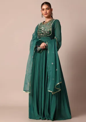Graceful Green Embroidered Anarkali With Organza Dupatta