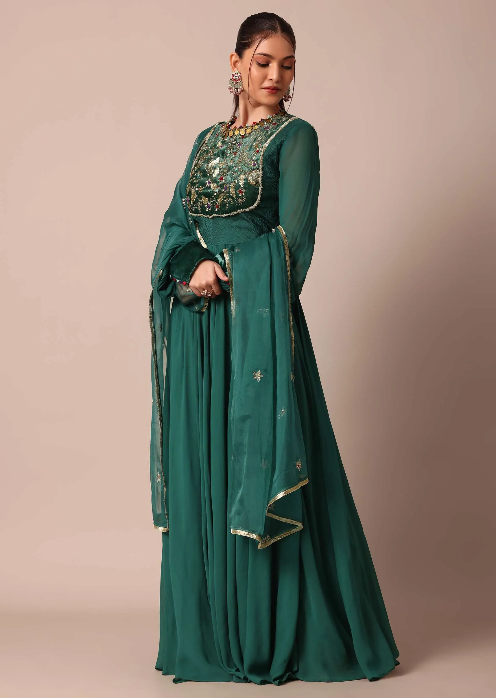 Graceful Green Embroidered Anarkali With Organza Dupatta