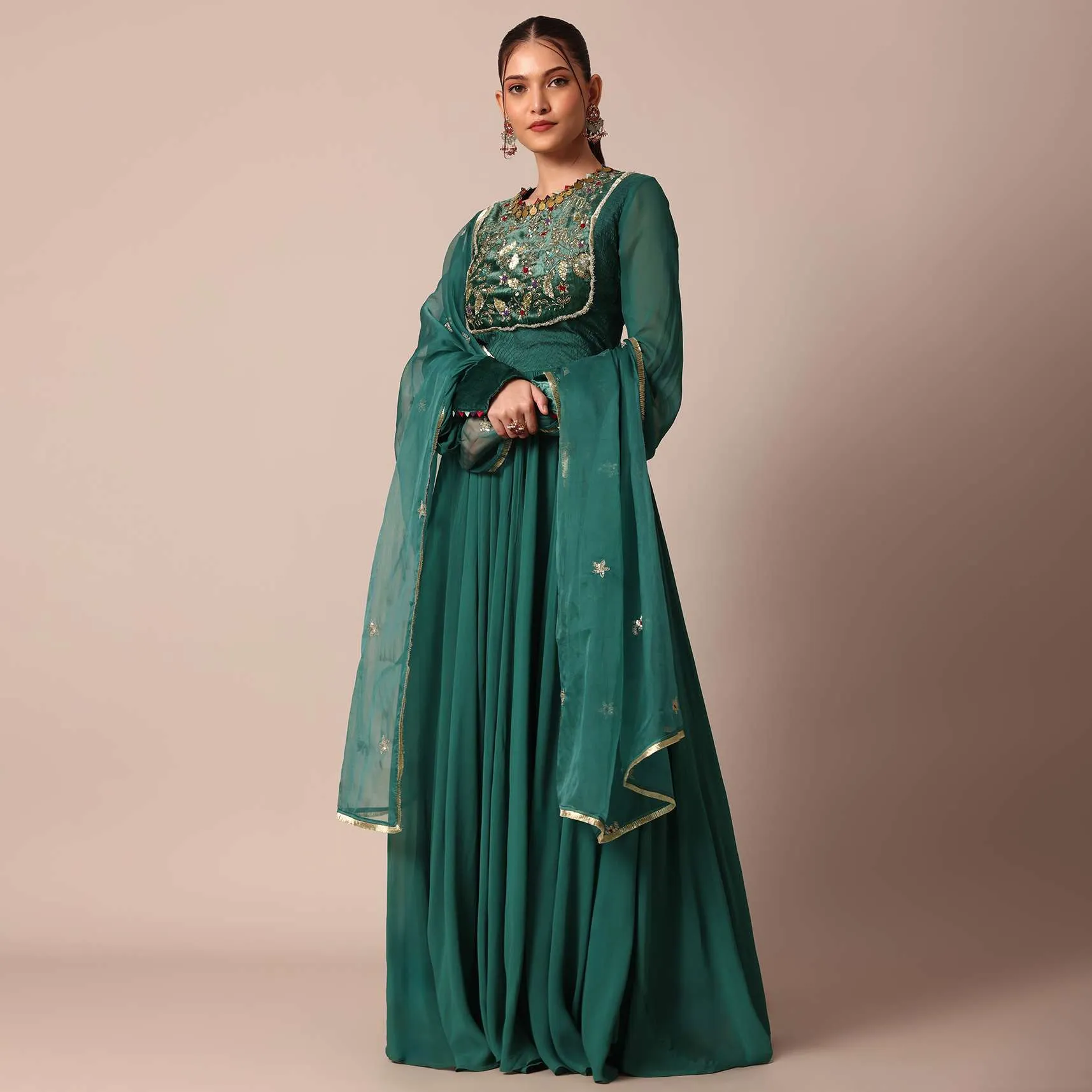 Graceful Green Embroidered Anarkali With Organza Dupatta