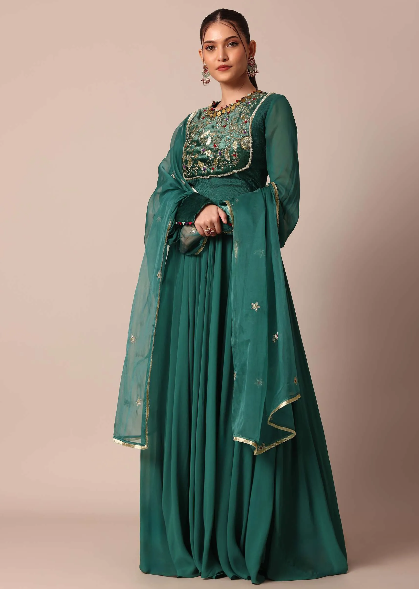 Graceful Green Embroidered Anarkali With Organza Dupatta