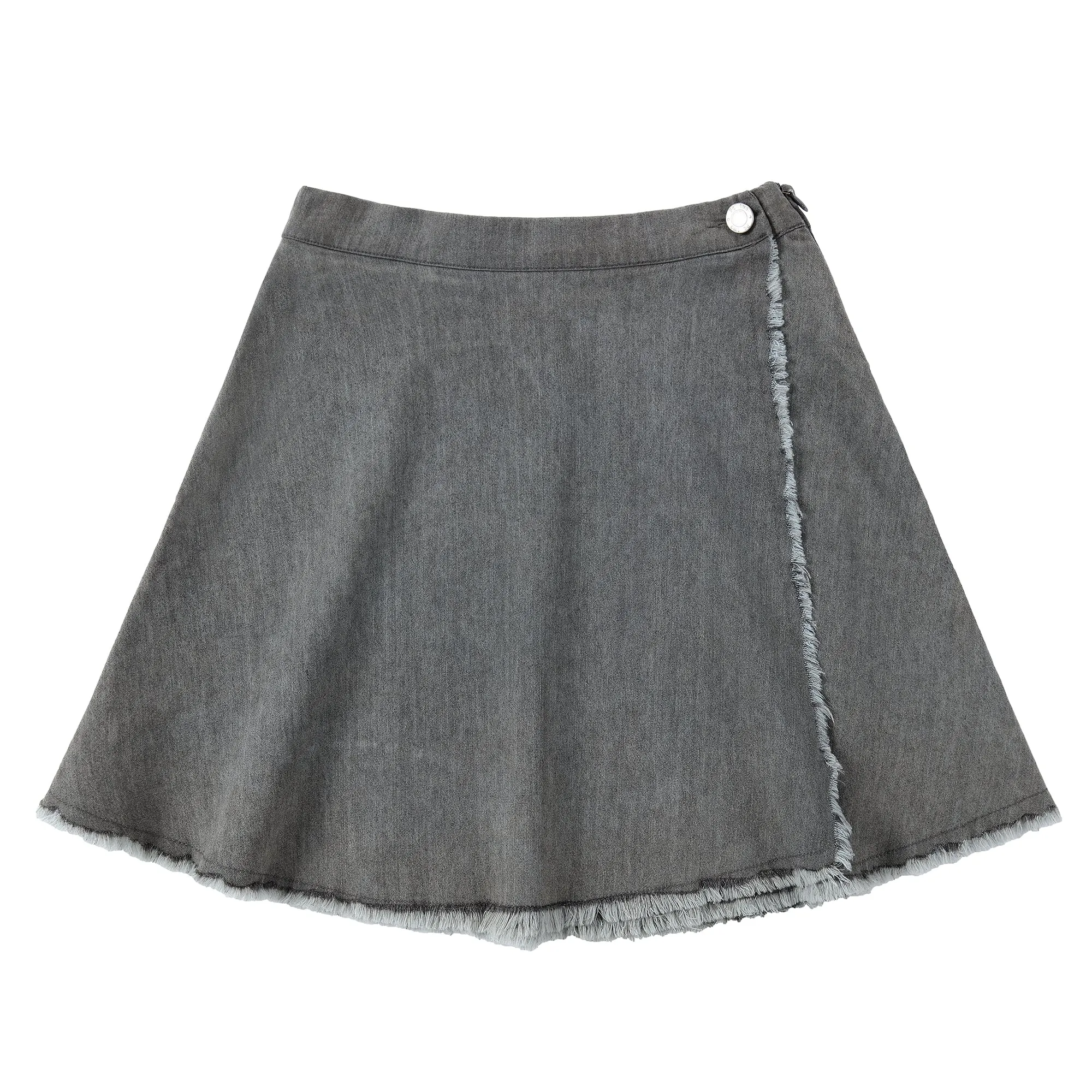 Grey Denim Wrap Skirt with Frayed Details
