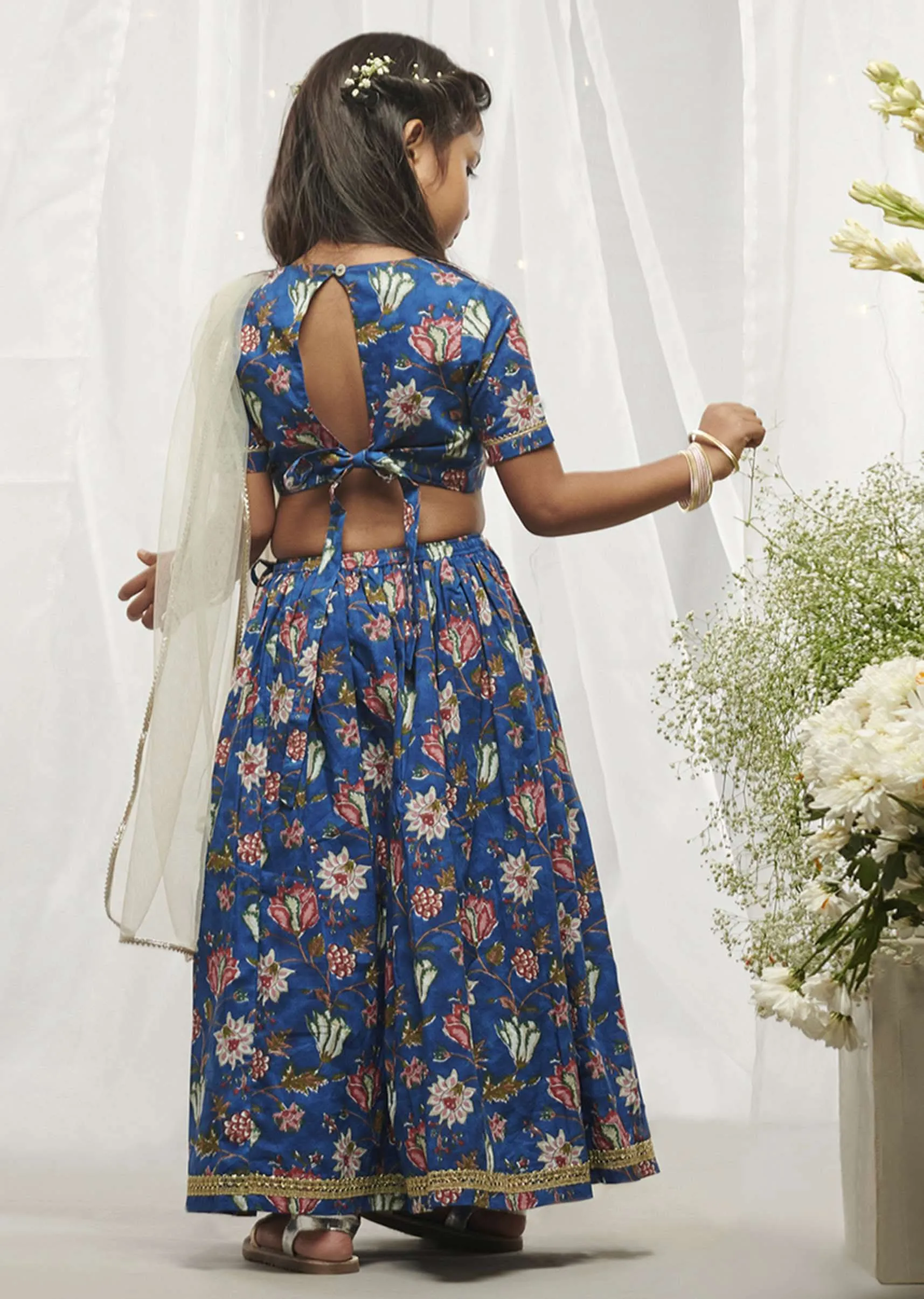 Kalki Girls Blue Lehenga Choli In Cotton With Floral Print All Over By Tiber Taber
