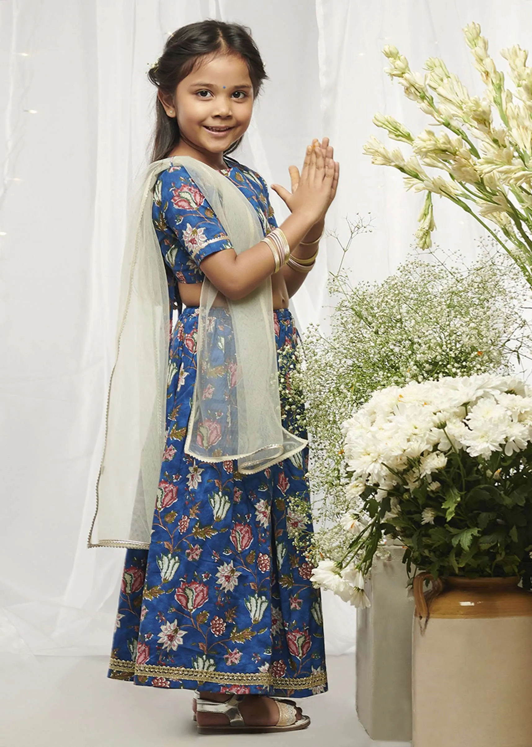 Kalki Girls Blue Lehenga Choli In Cotton With Floral Print All Over By Tiber Taber