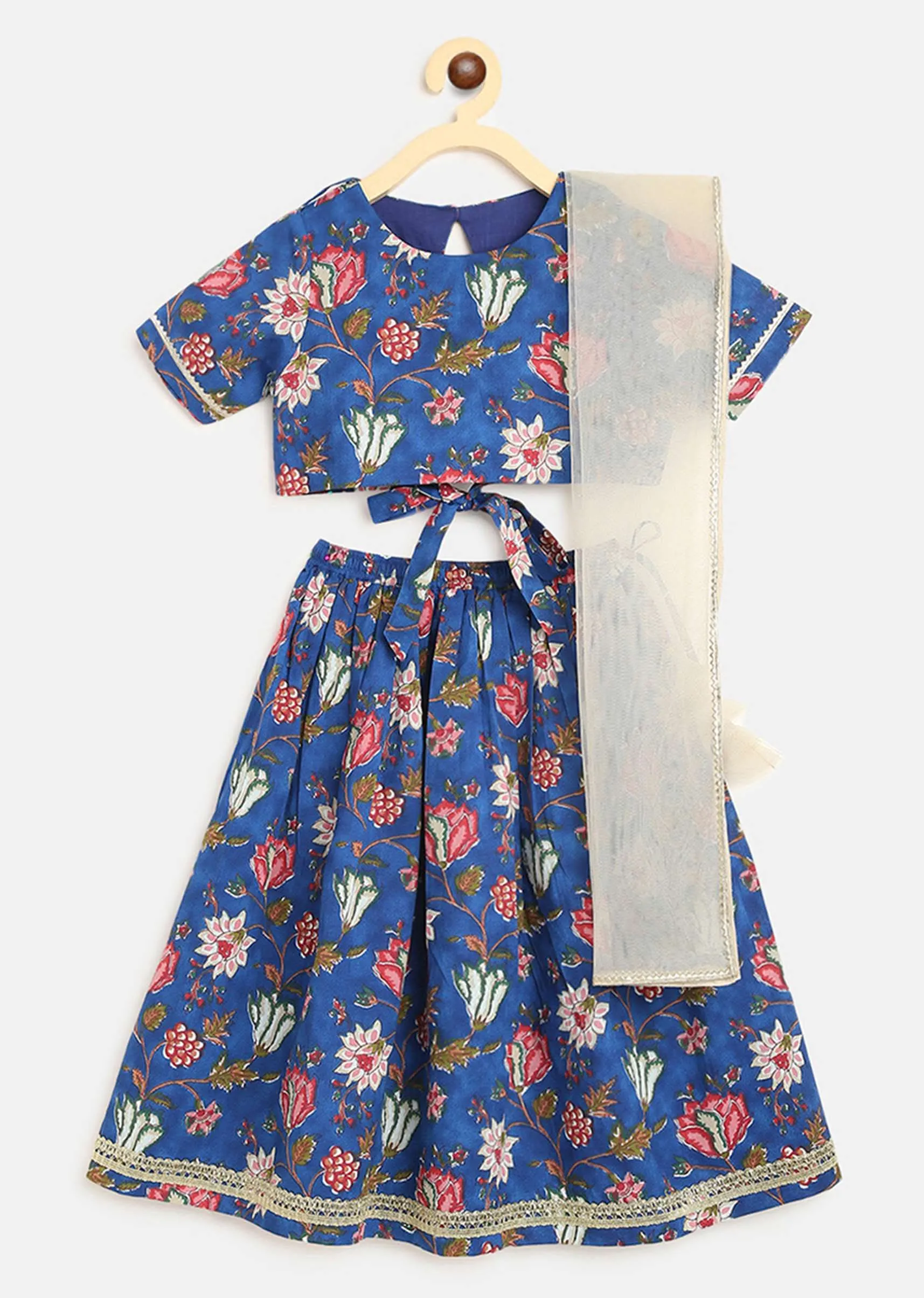 Kalki Girls Blue Lehenga Choli In Cotton With Floral Print All Over By Tiber Taber