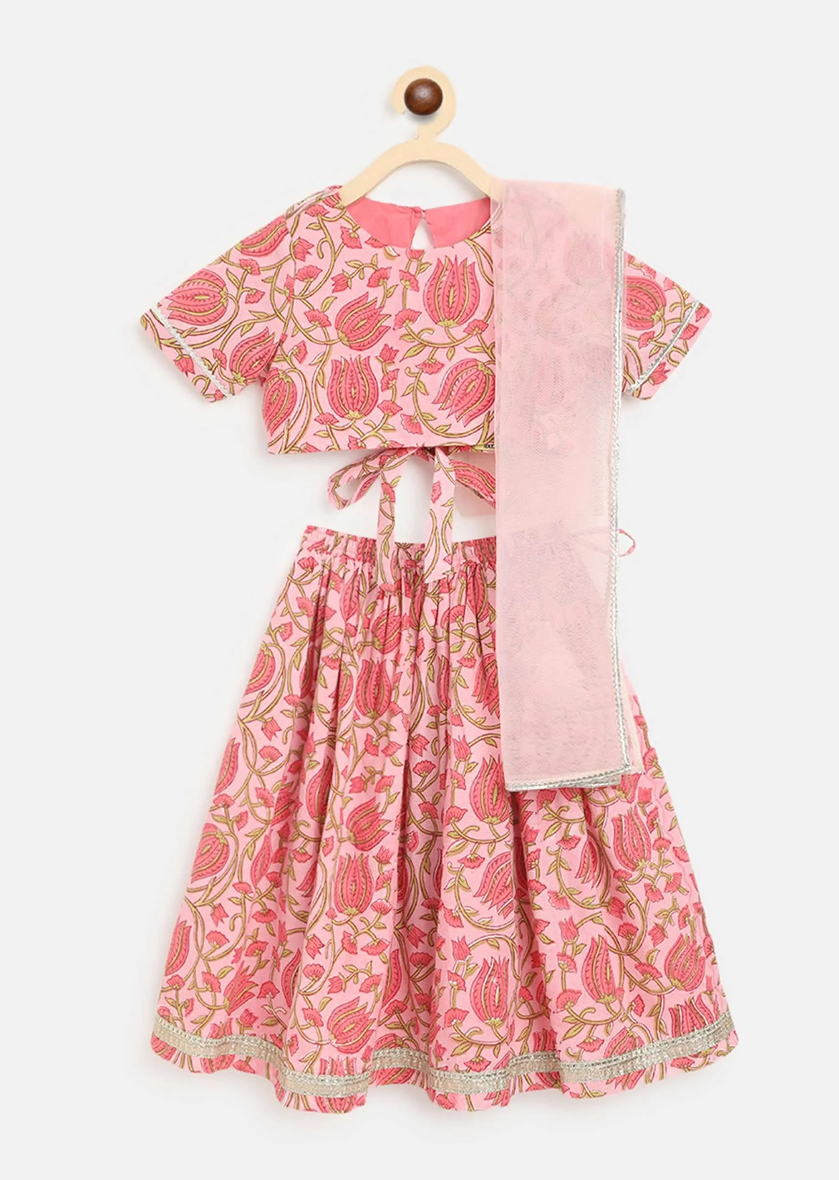 Kalki Girls Pink Lehenga Choli In Cotton With Floral Print All Over By Tiber Taber
