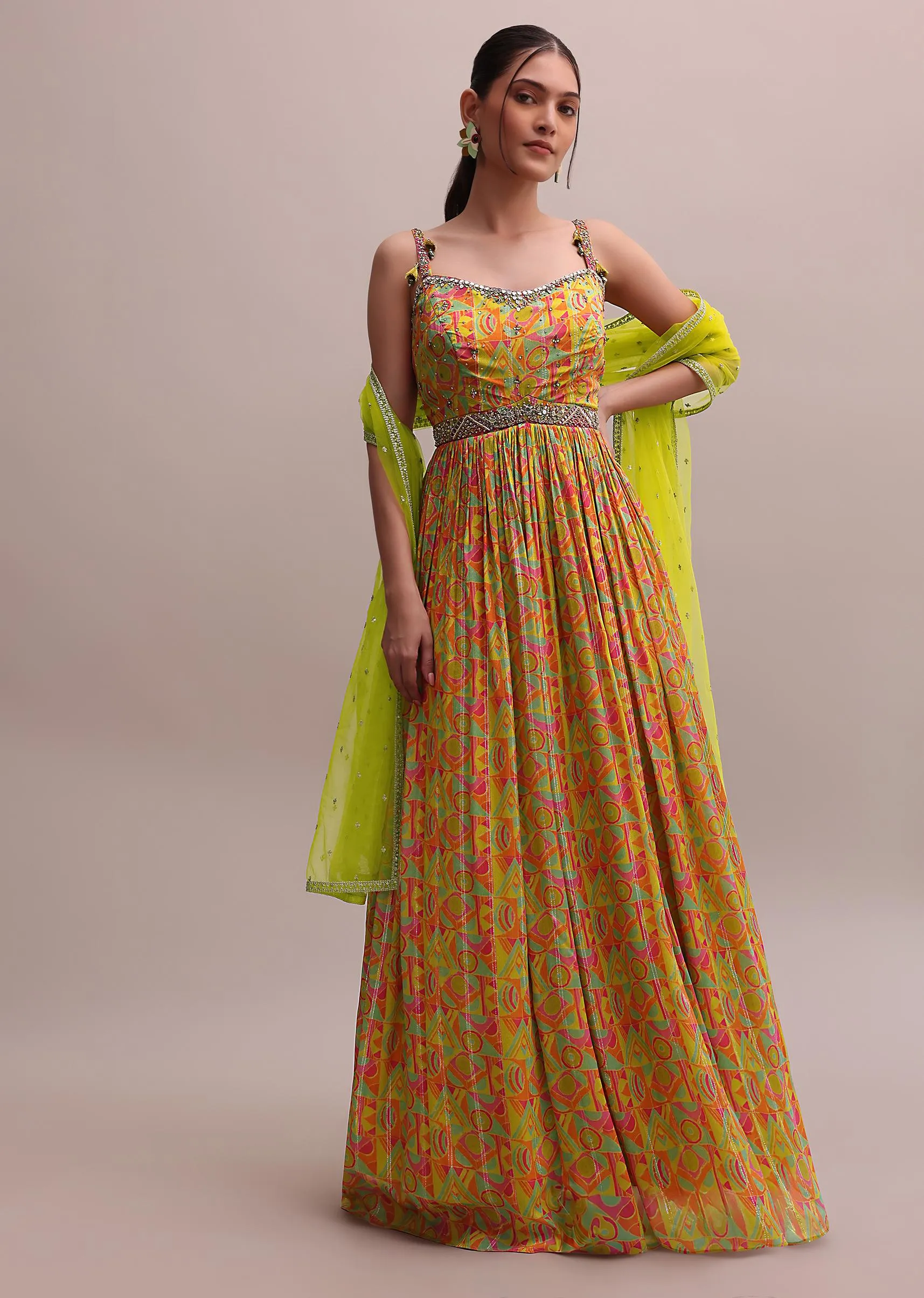 Lime Green Chiffon Embroidered Floor Length Anarkali Set With A Net Dupatta
