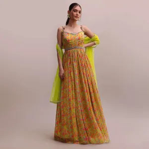 Lime Green Chiffon Embroidered Floor Length Anarkali Set With A Net Dupatta