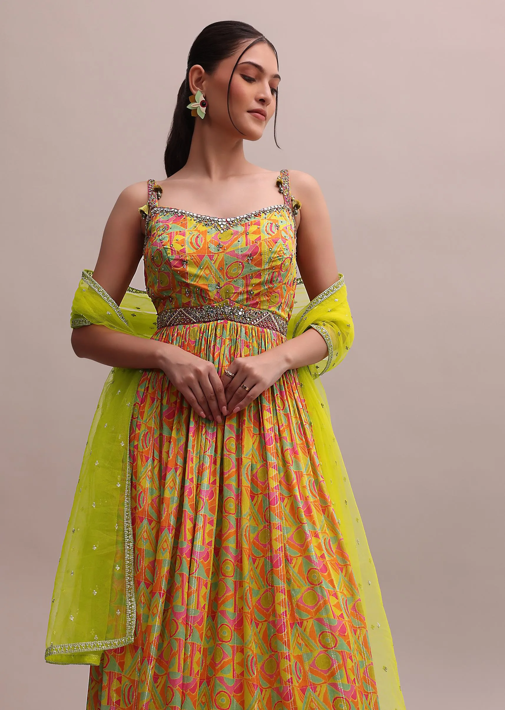 Lime Green Chiffon Embroidered Floor Length Anarkali Set With A Net Dupatta