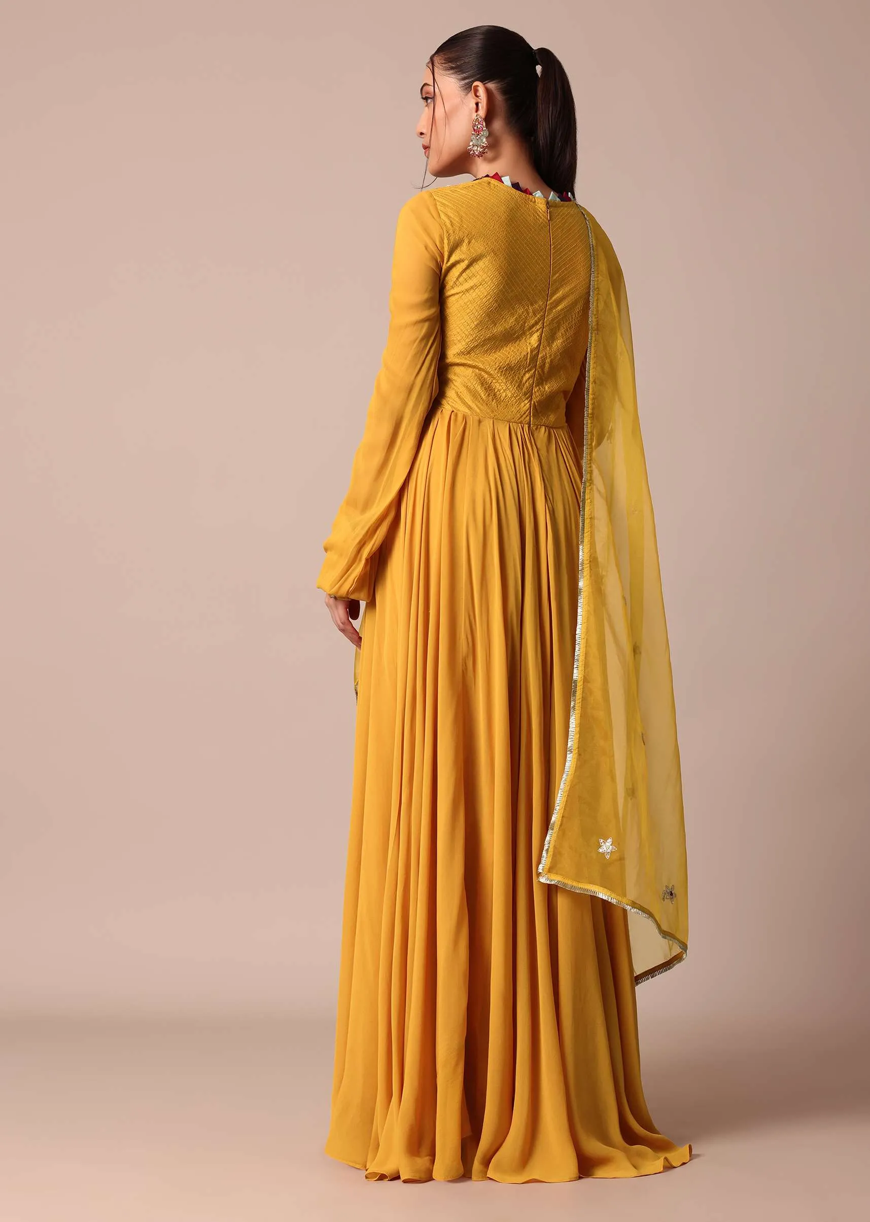Mustard Yellow Embroidered Anarkali With Organza Dupatta